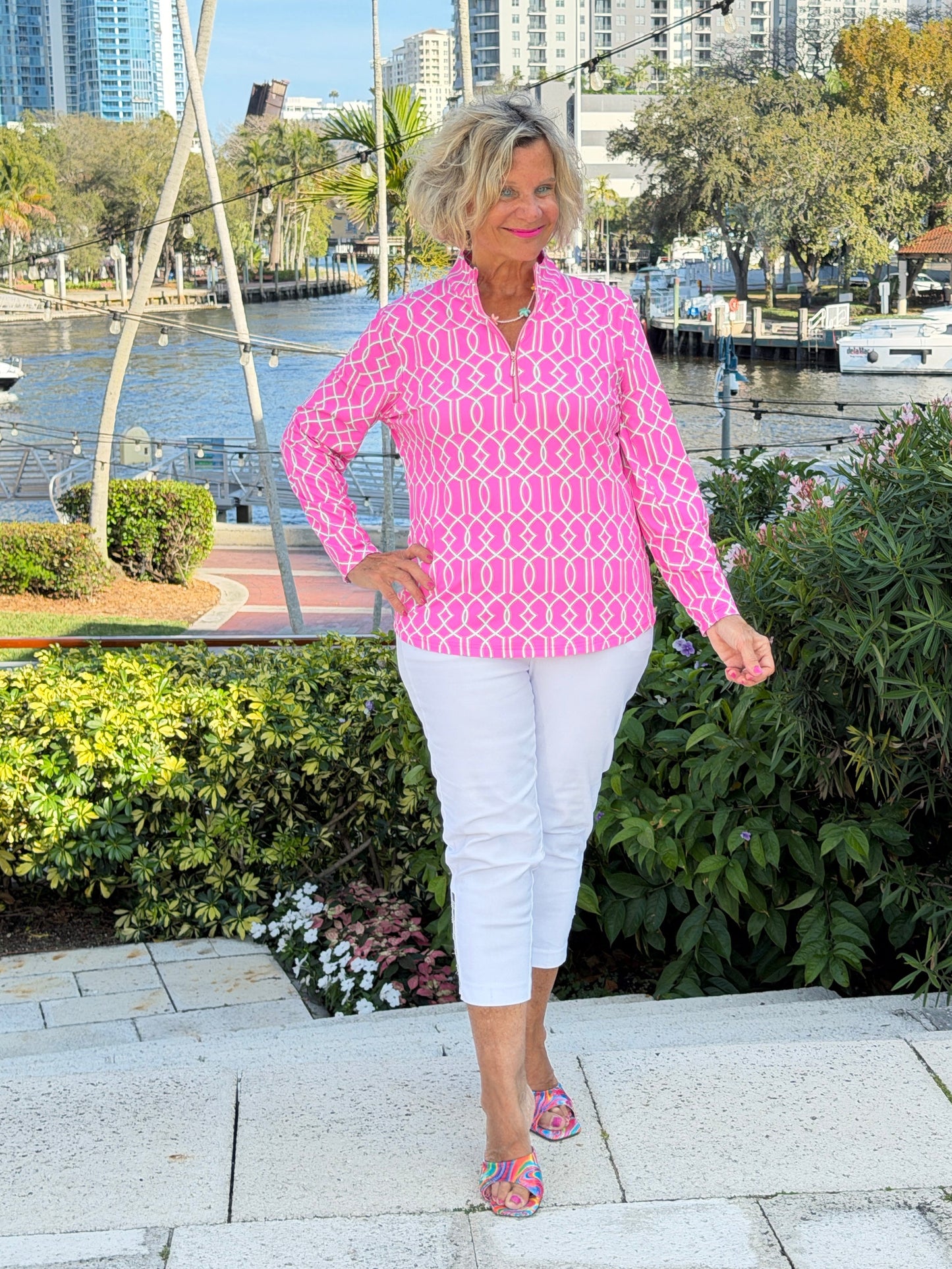 LULU B PALM BEACH LATTICE HALF ZIPPER TOP