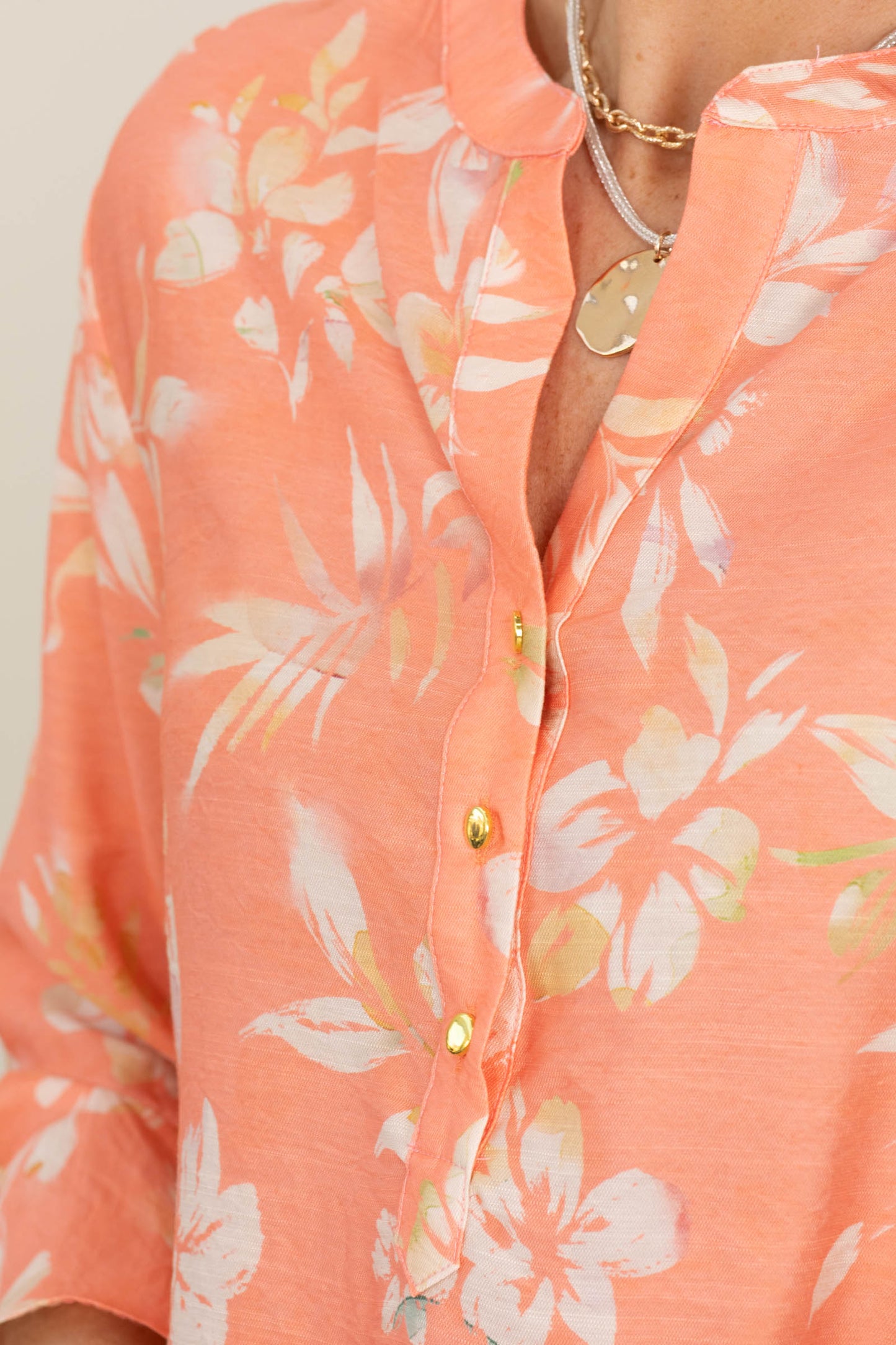Coral Ruffle Sleeve Floral Woven Top
