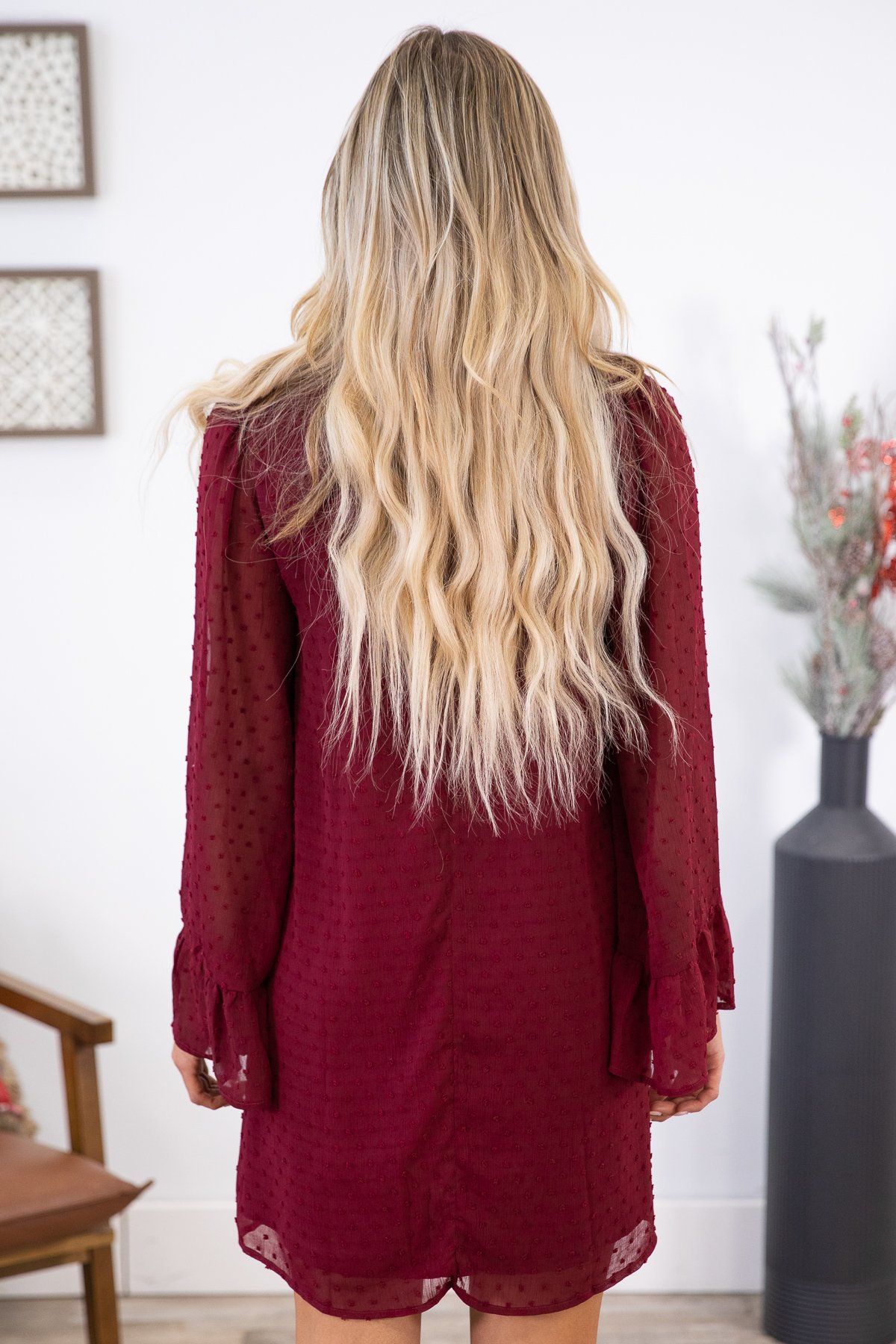 Burgundy Swiss Dot Flare Sleeve Dress