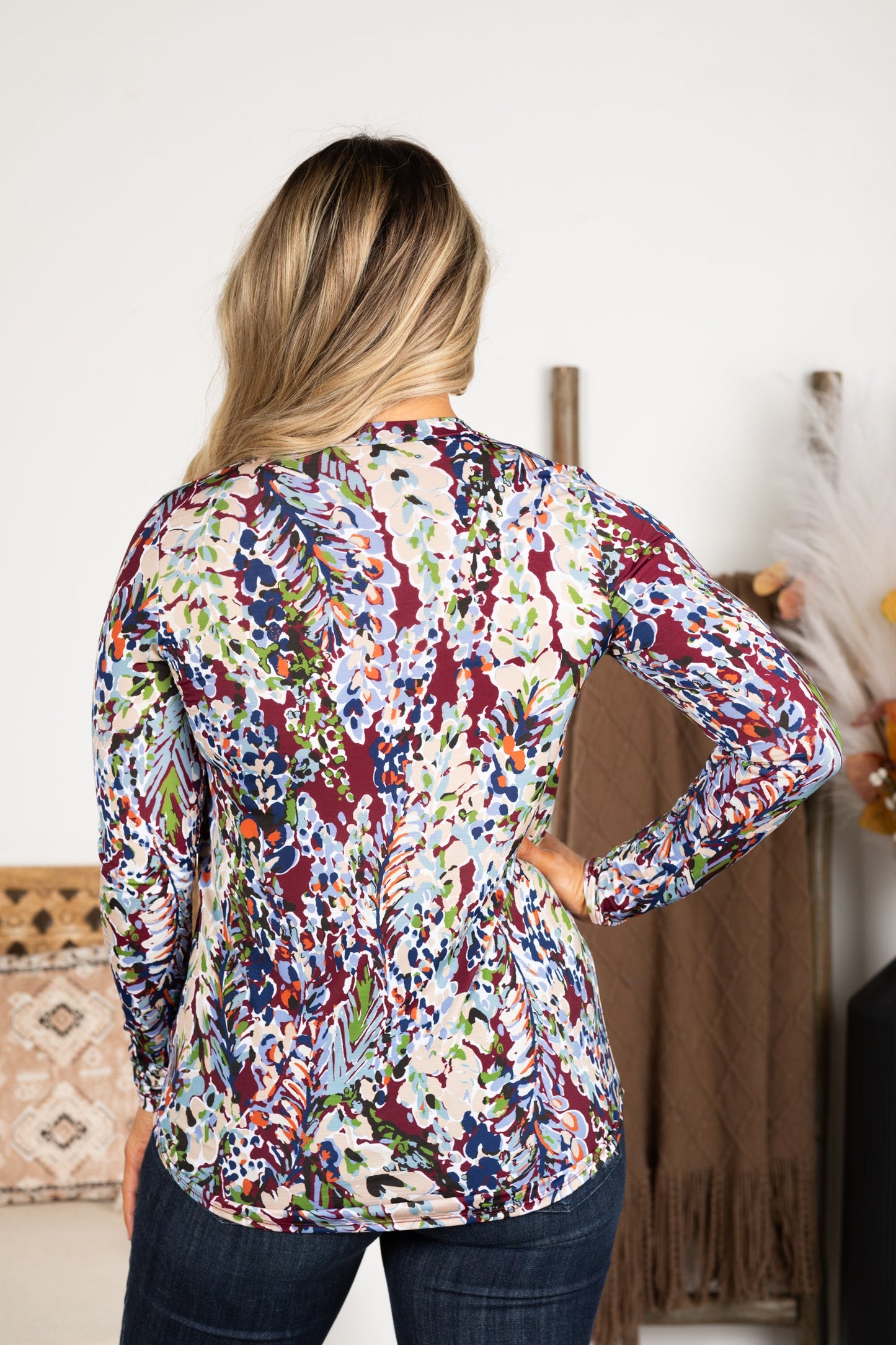 Burgundy Abstract Long Sleeve Knit Top