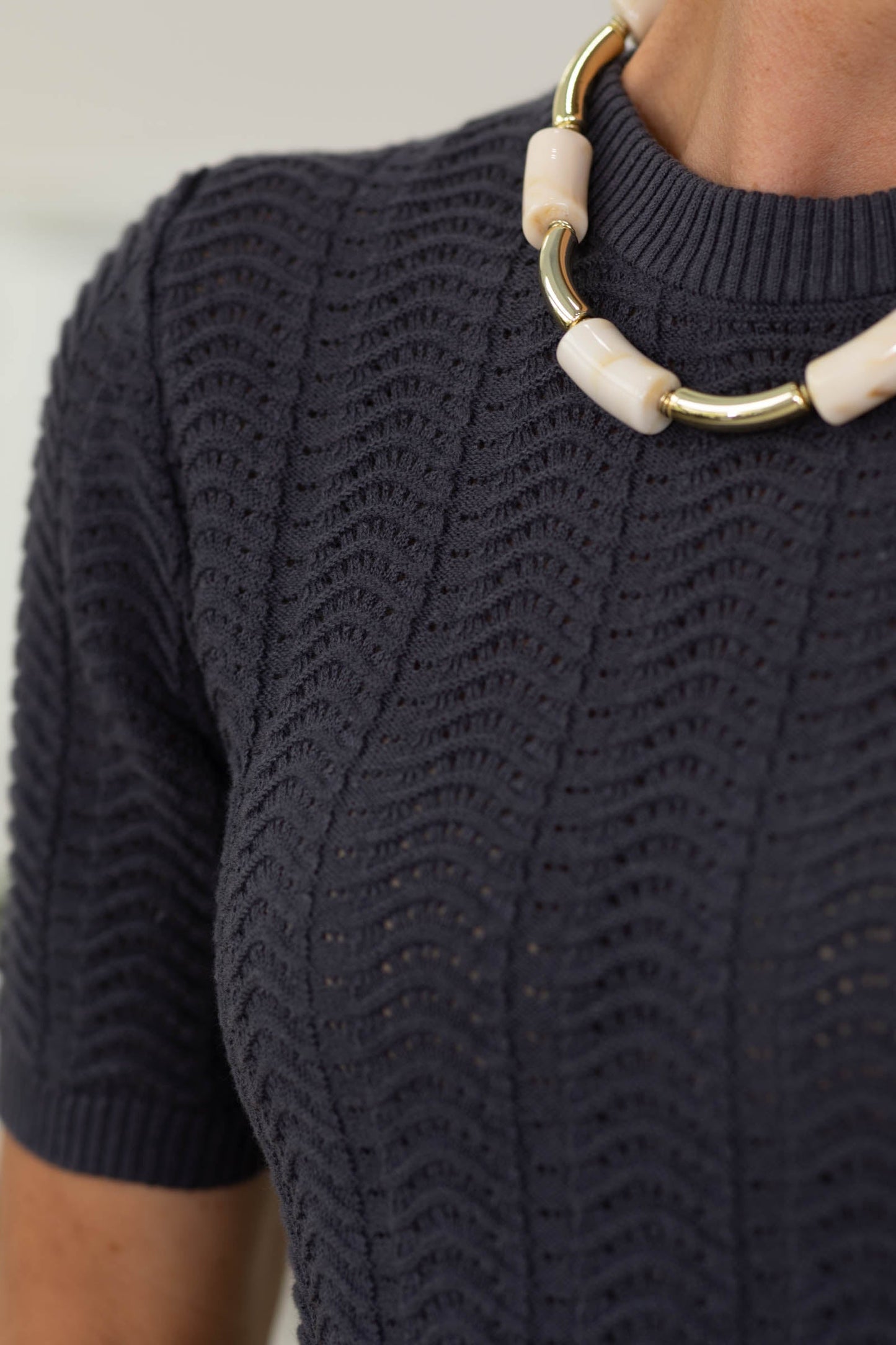 Charcoal Chevron Texture Short Sleeve Sweater Top