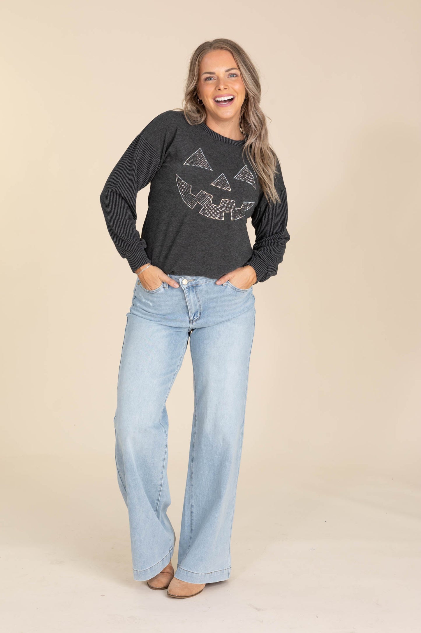 Charcoal Ribbed Halloween Rhinestone Knit Top