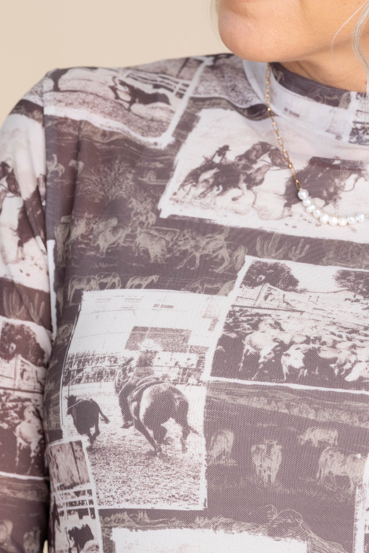 Brown Vintage Rodeo Print Semi Sheer Knit Top
