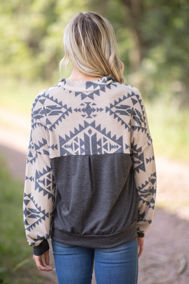 Charcoal and Beige Aztec 1/4 Zip Pullover