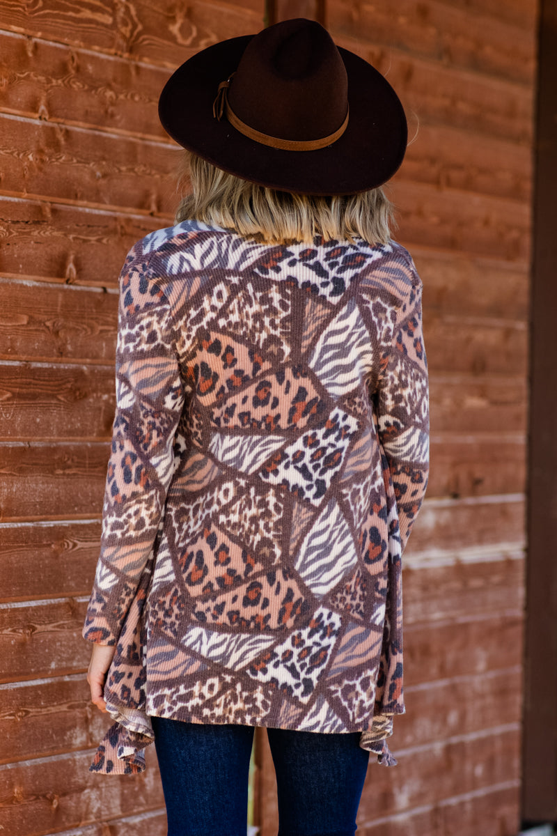 Brown Multicolor Multi Animal Print Cardigan