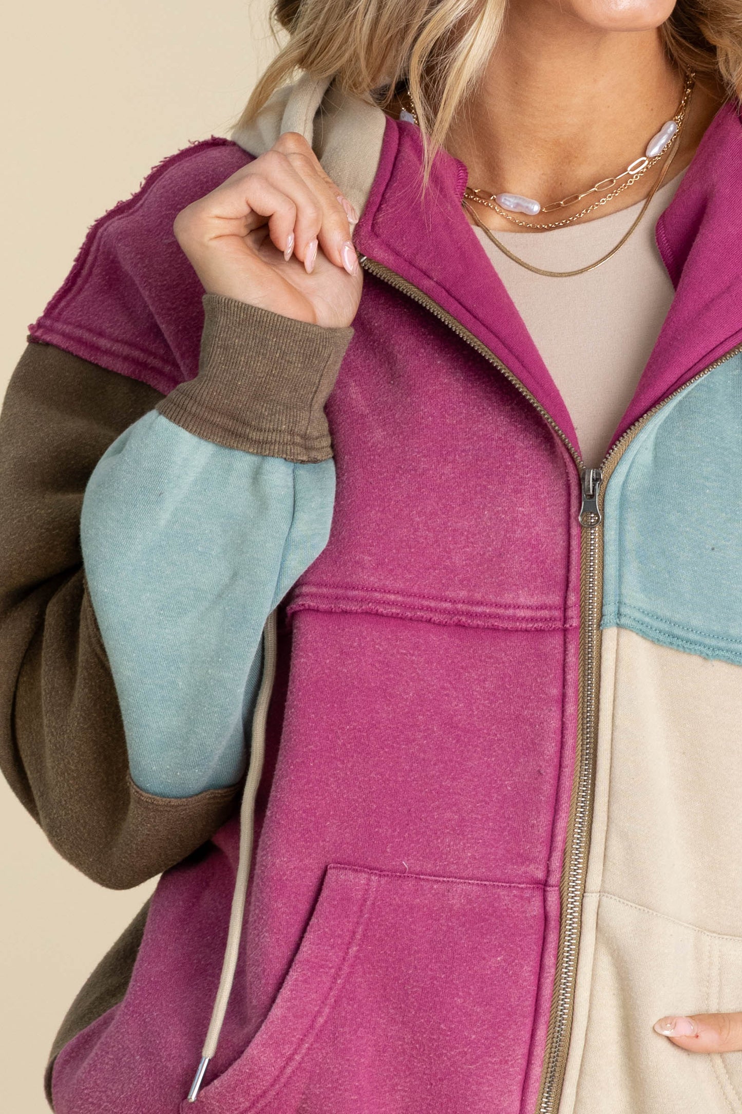 Brown Colorblock Zip Up Hoodie