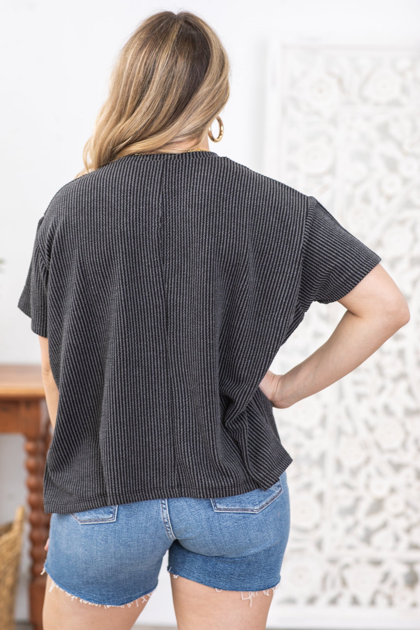 Charcoal Texture Ribbed Short Sleeve Knit Top