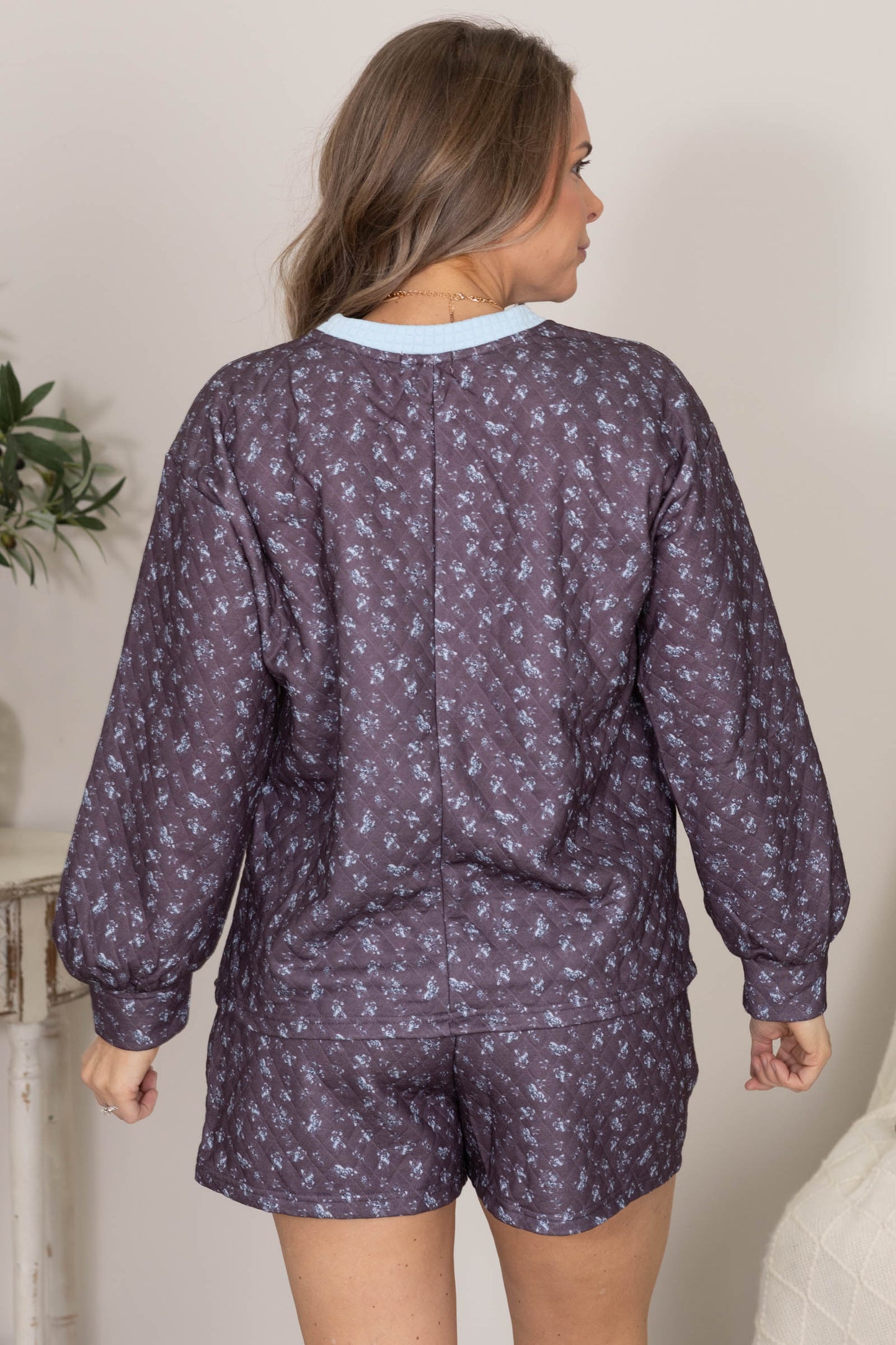 Charcoal Floral Print Quilted Knit Top & Shorts Set