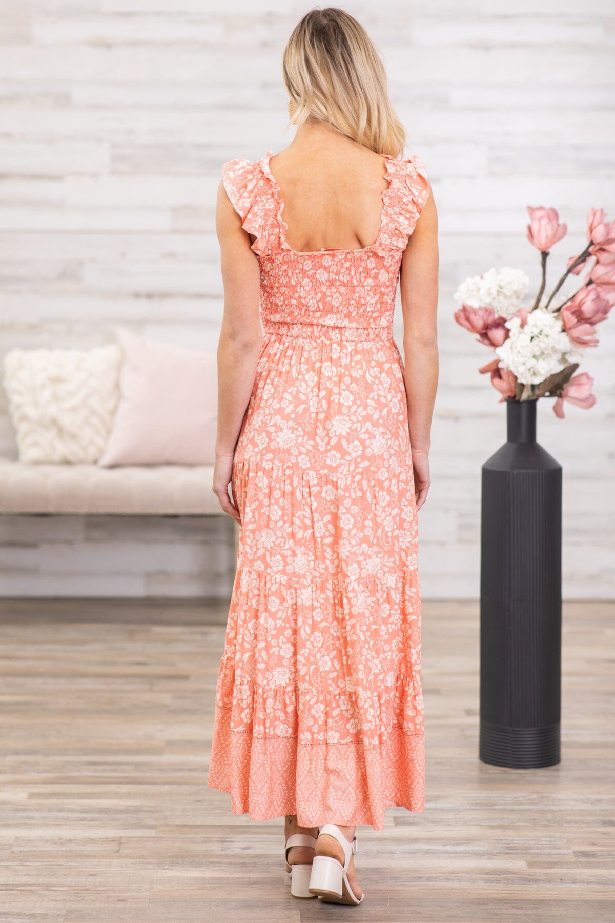Coral and Ivory Floral Print Maxi Dress