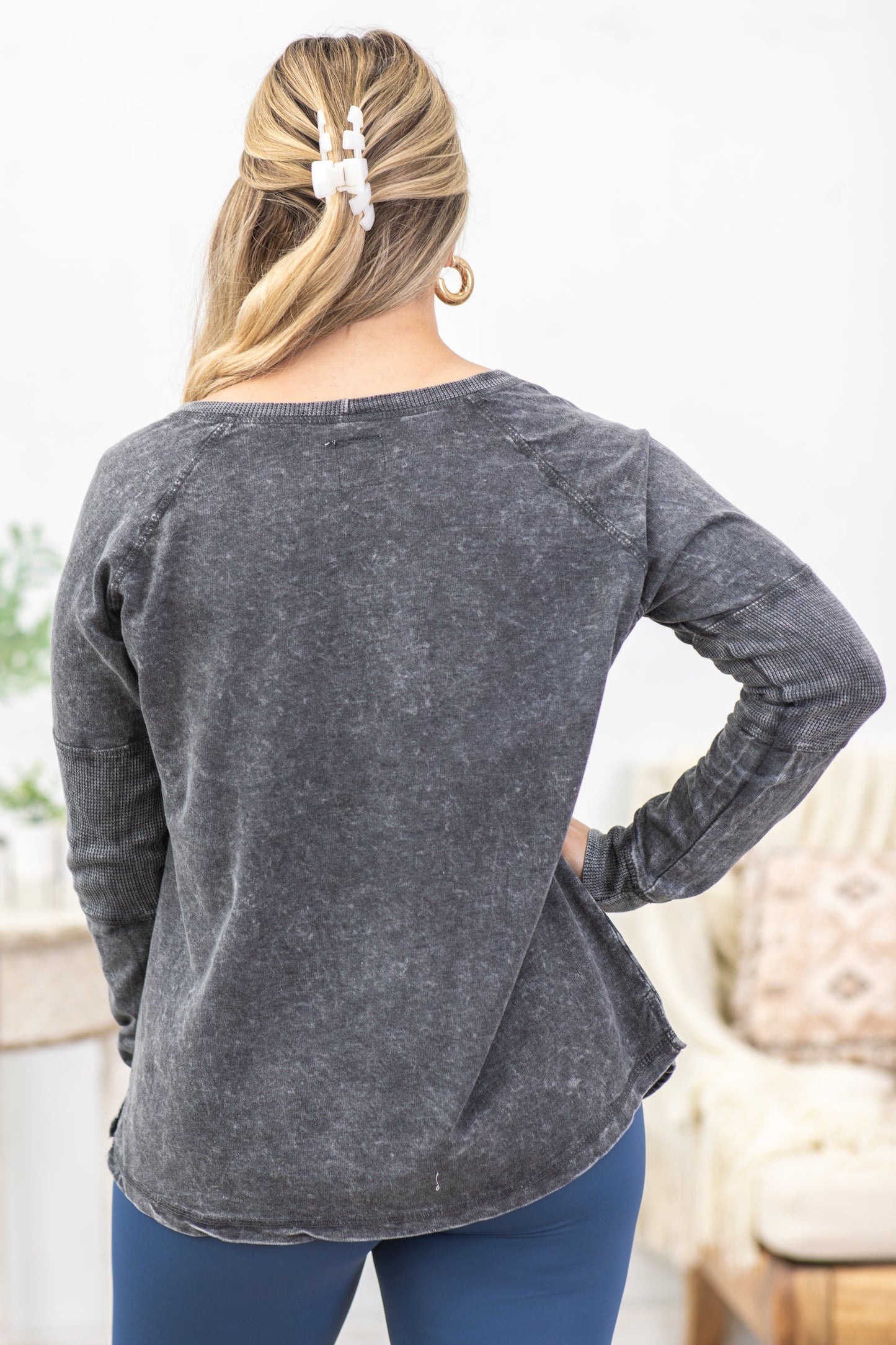 Charcoal Washed Scoop Neck Long Sleeve Top