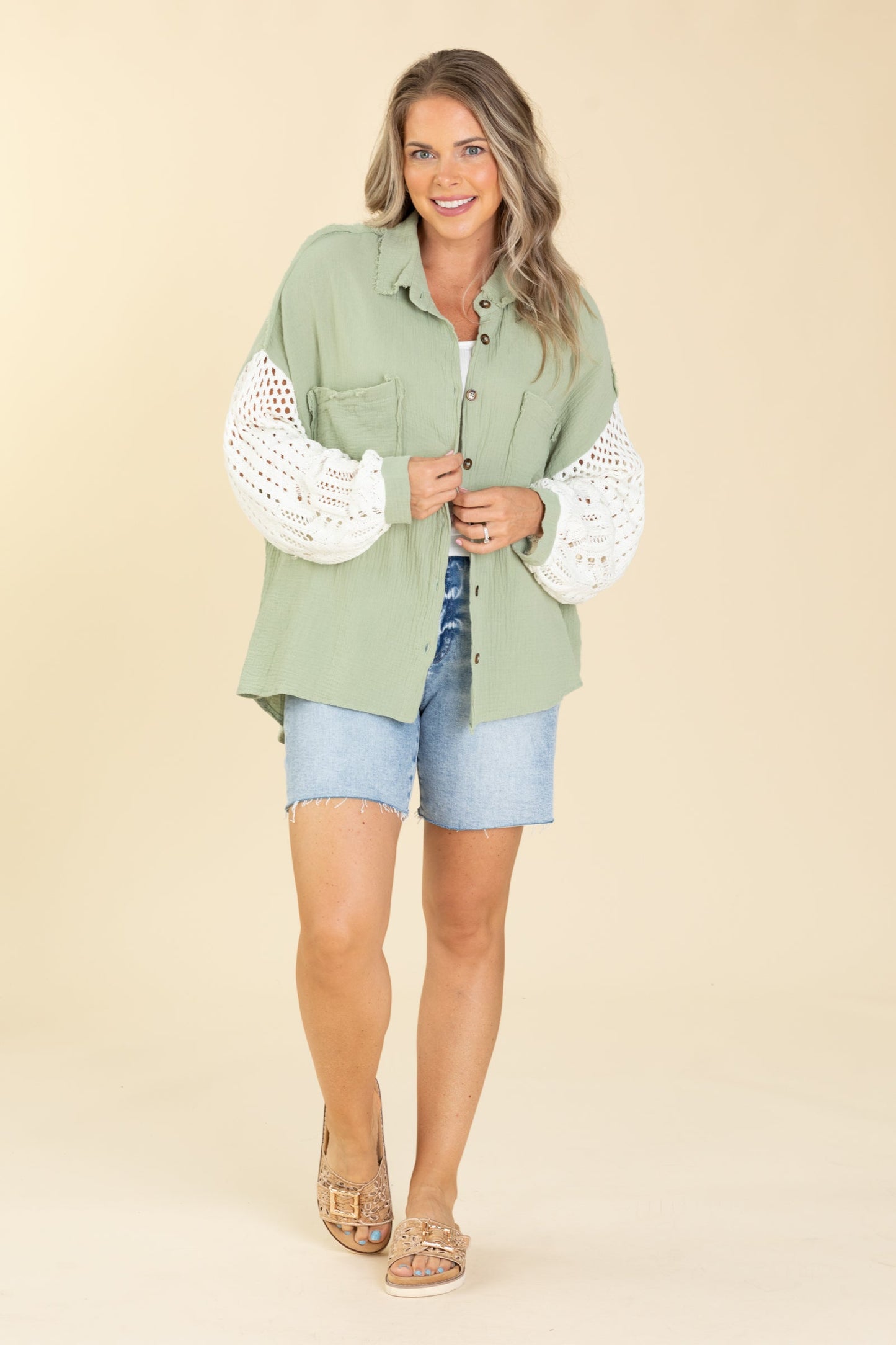 Contrast Sweater Sleeves Button Up Top