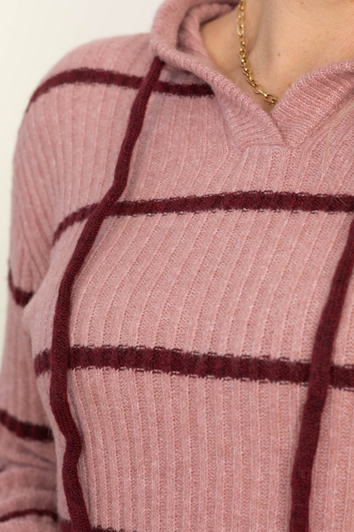 Burgundy Stripe Drawstring Hoodie Sweater