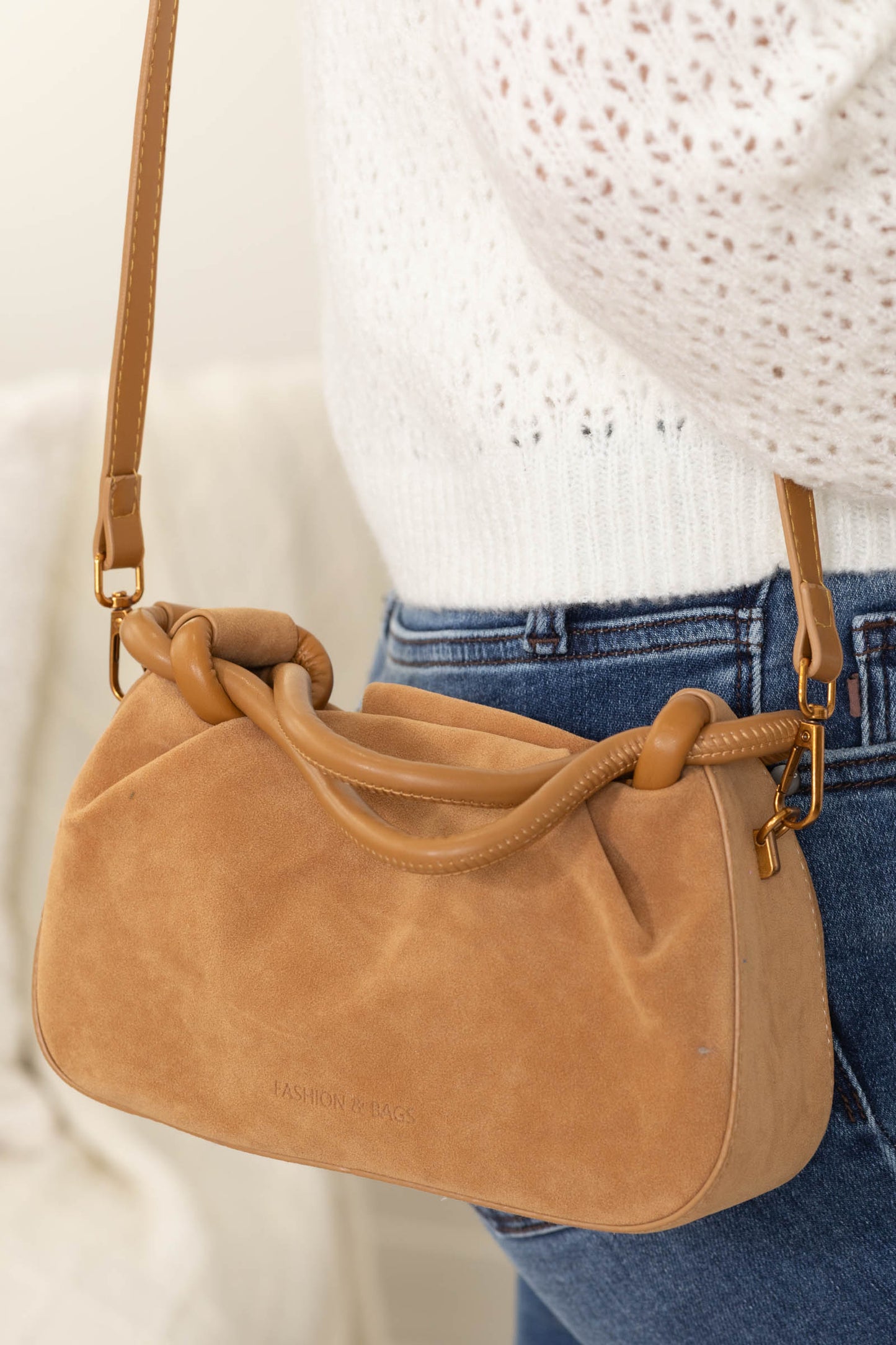 Camel Rouched Faux Suede Tote Handbag