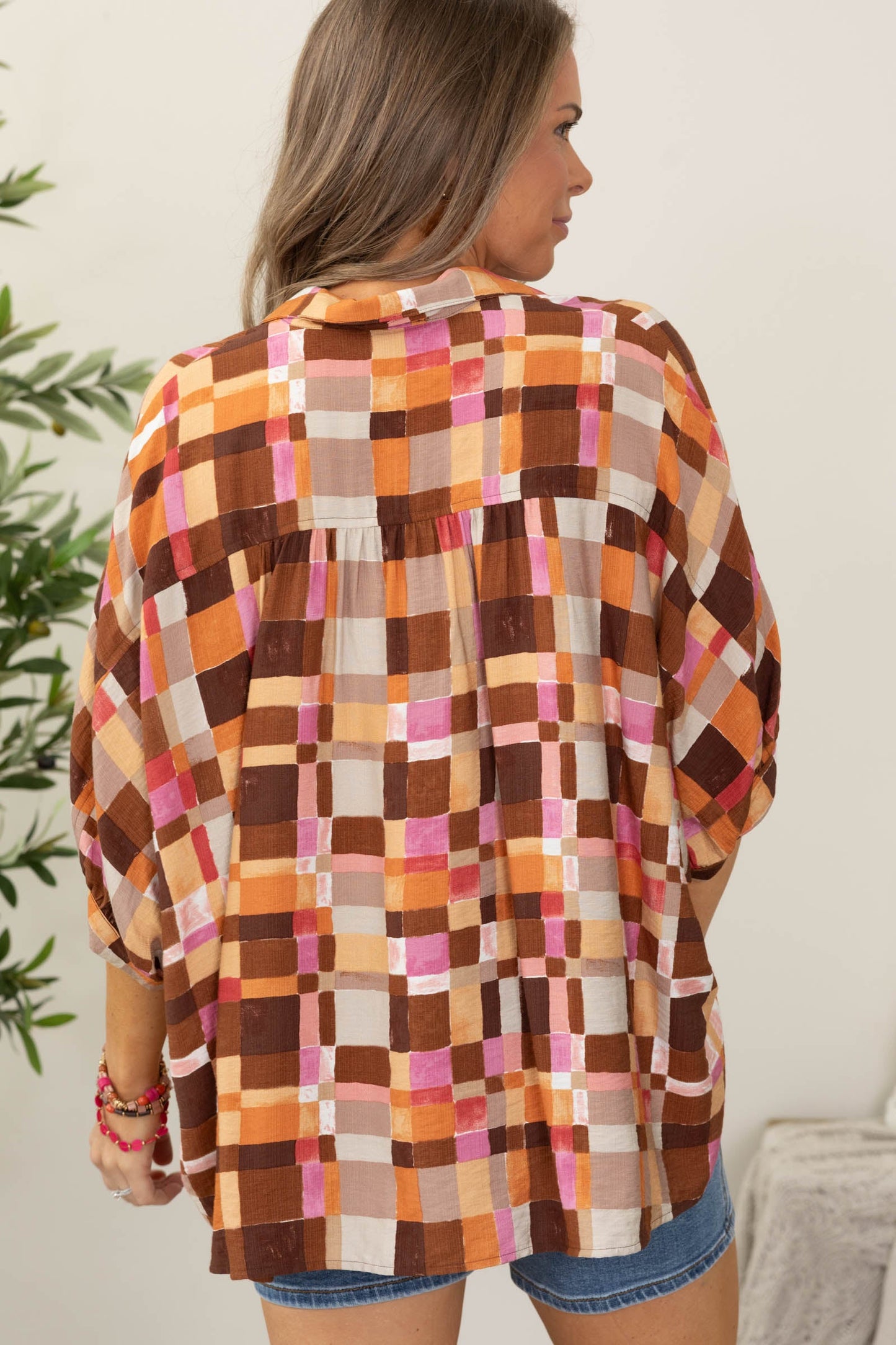 Brown Combo Checker Button Down Woven Top