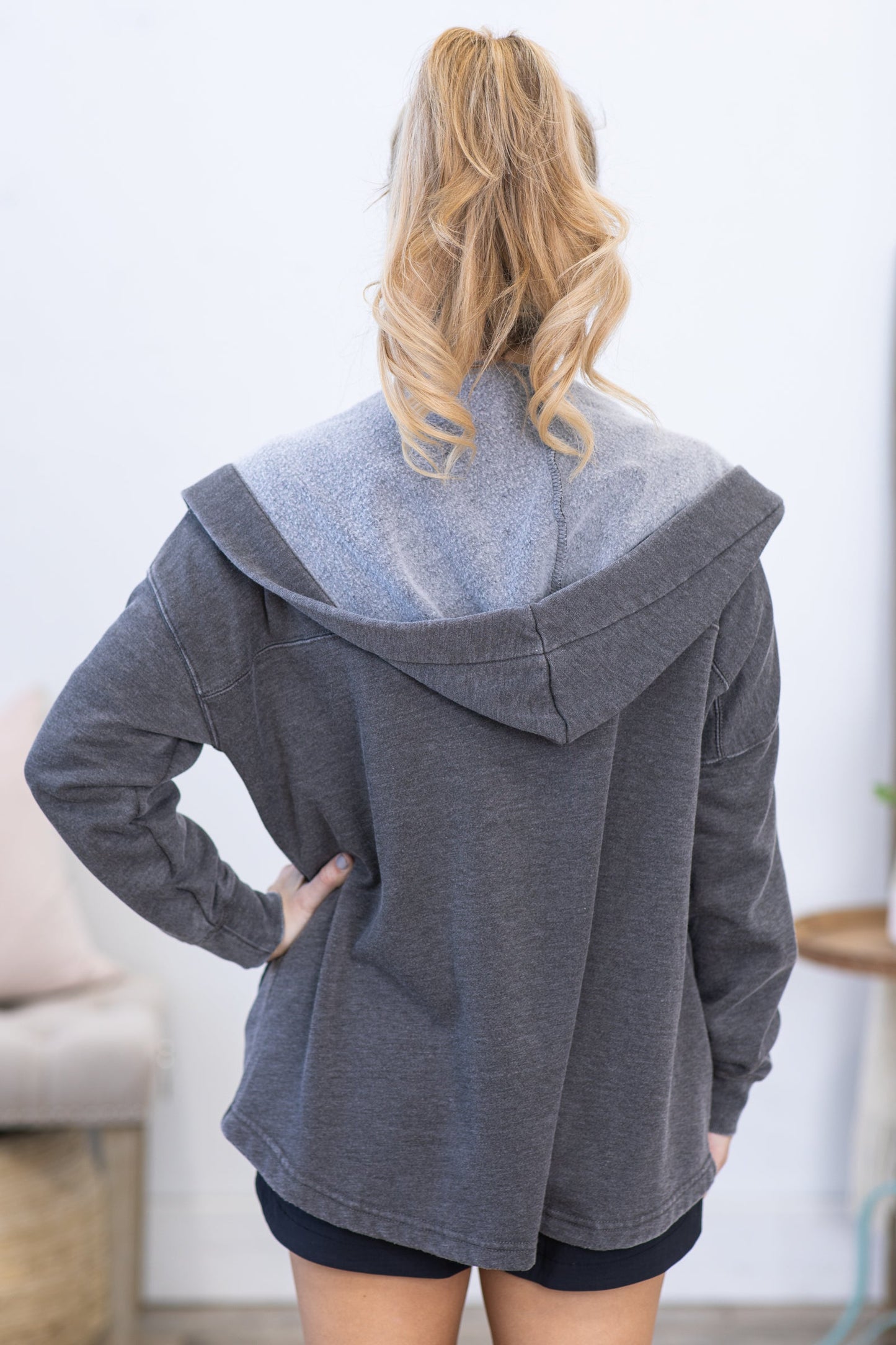 Charcoal Mineral Washed Fleece Hooded Cardigan