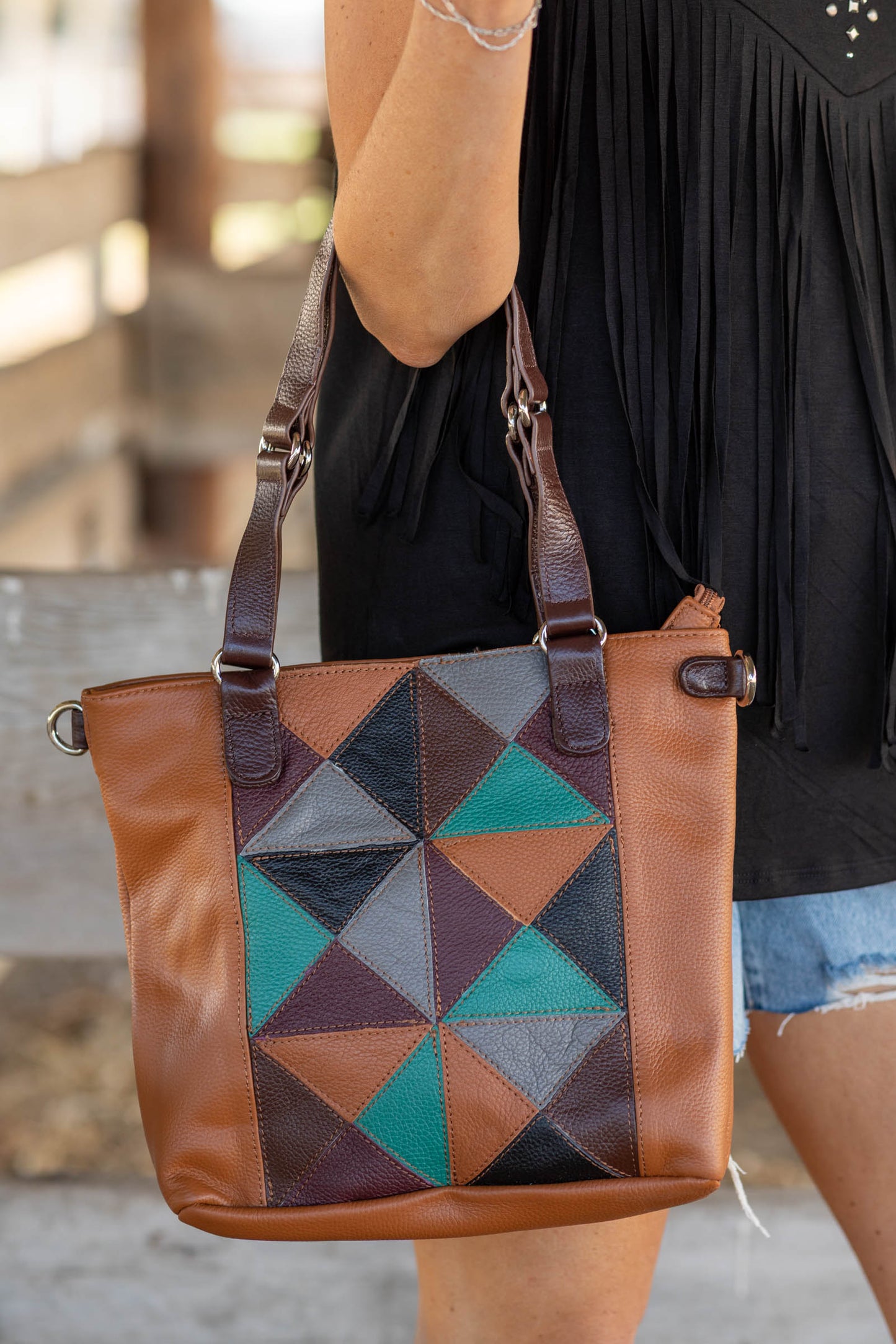 Camel Geometric Cowhide Tote Crossbody Bag
