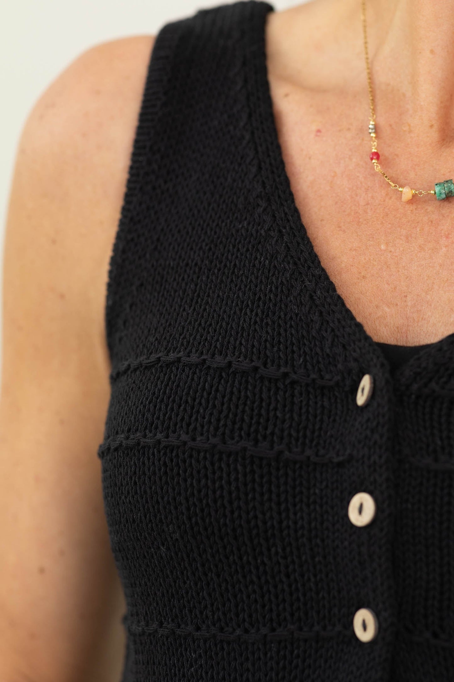 Button Detail Split Hem Crochet Knit Vest