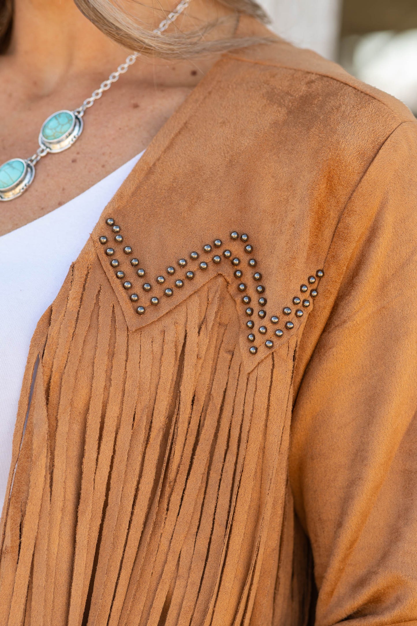 Camel Suede Studs And Fringe Detail Jacket