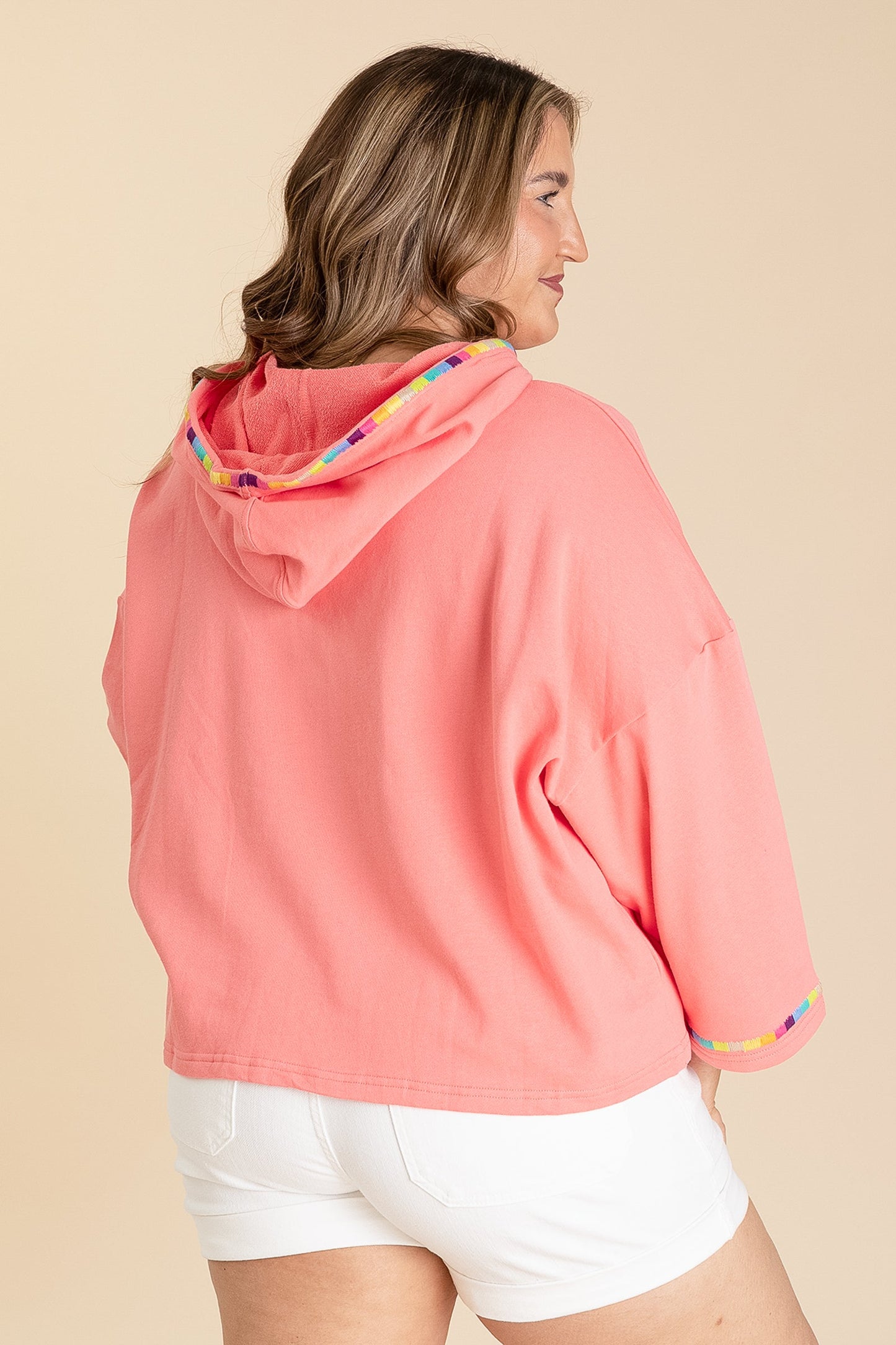 Coral Pink Quarter Sleeve Smiley Face Hoodie