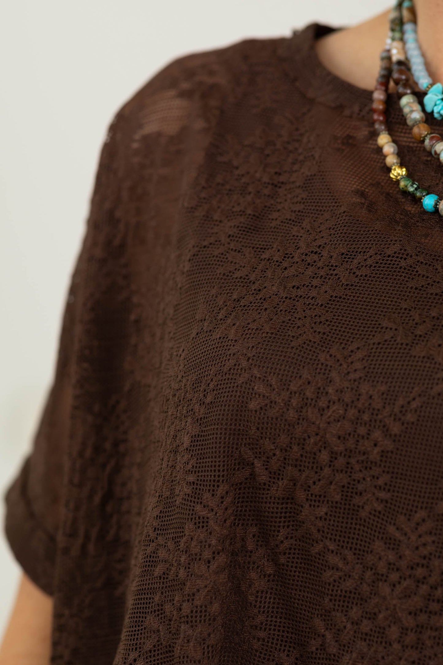 Brown Laced Short Sleeve Dolman Knit Top