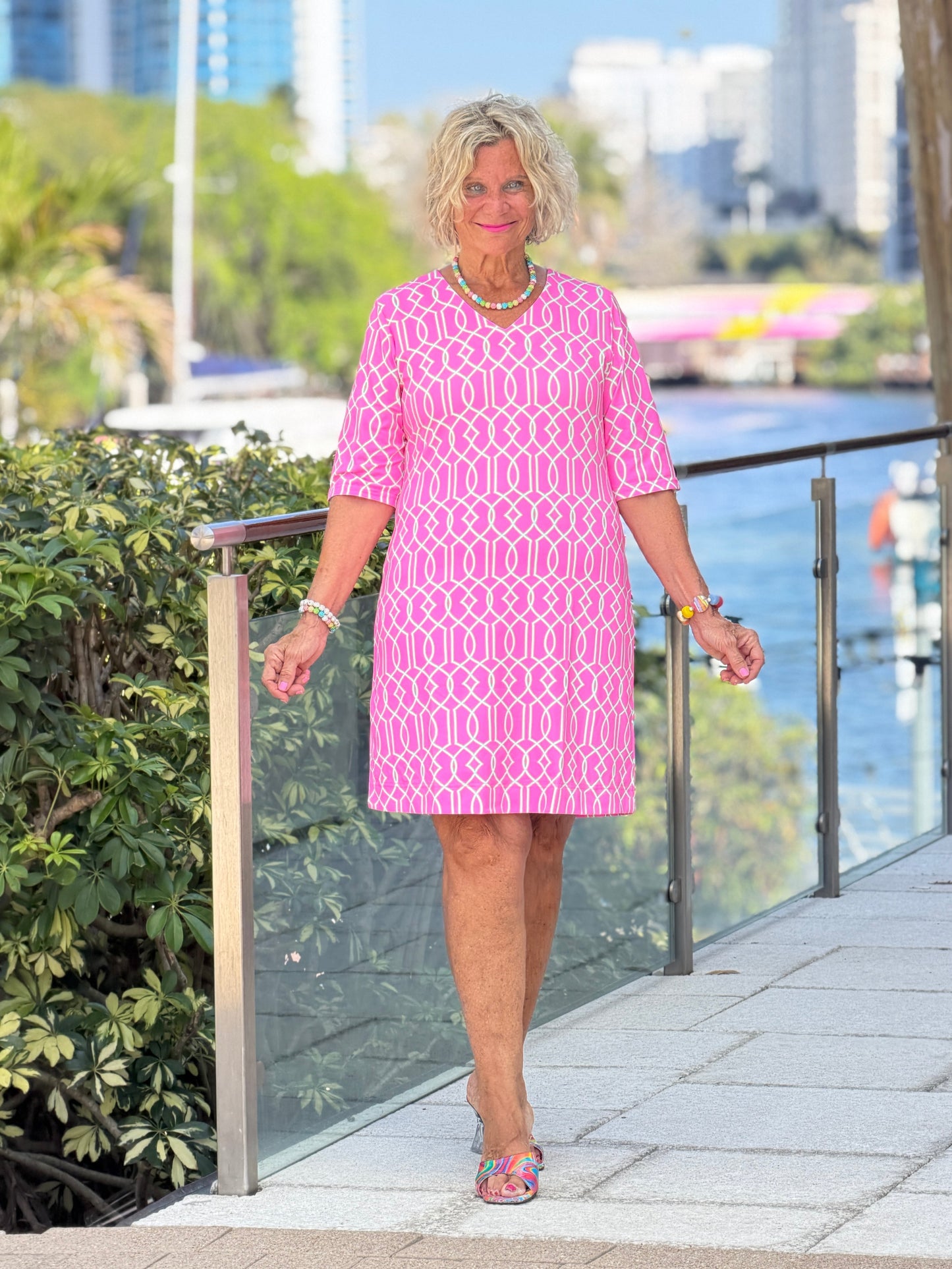 LULU B PALM BEACH LATTICE ELBOW DRESS