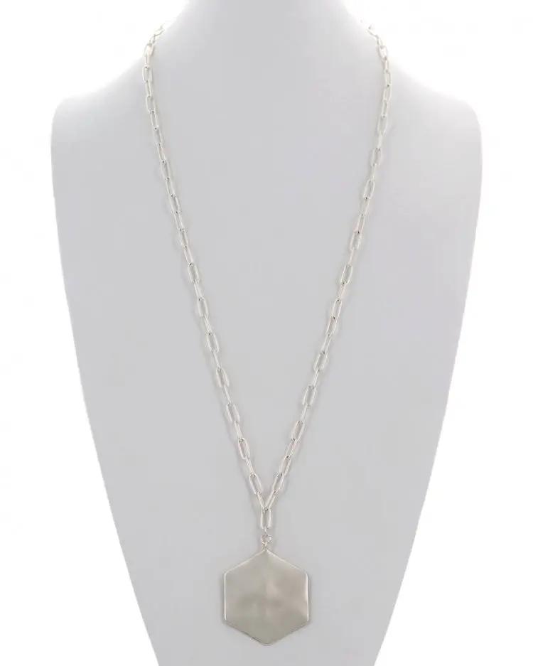 Hammered Metal Hexagon Pendant Long Necklac