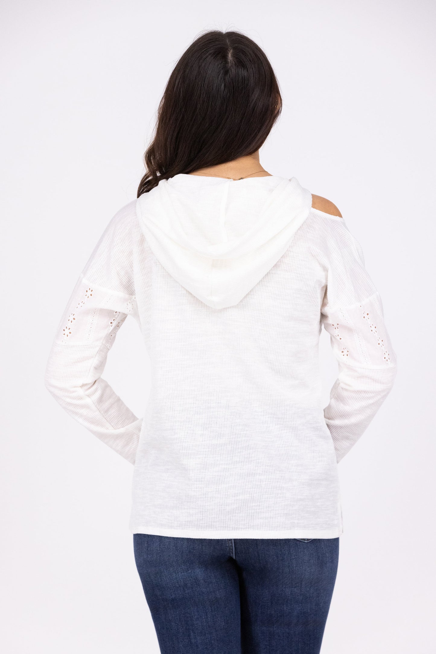 Where I Want To Be Women's Lace Detailed Cold Shoulder Hoodie