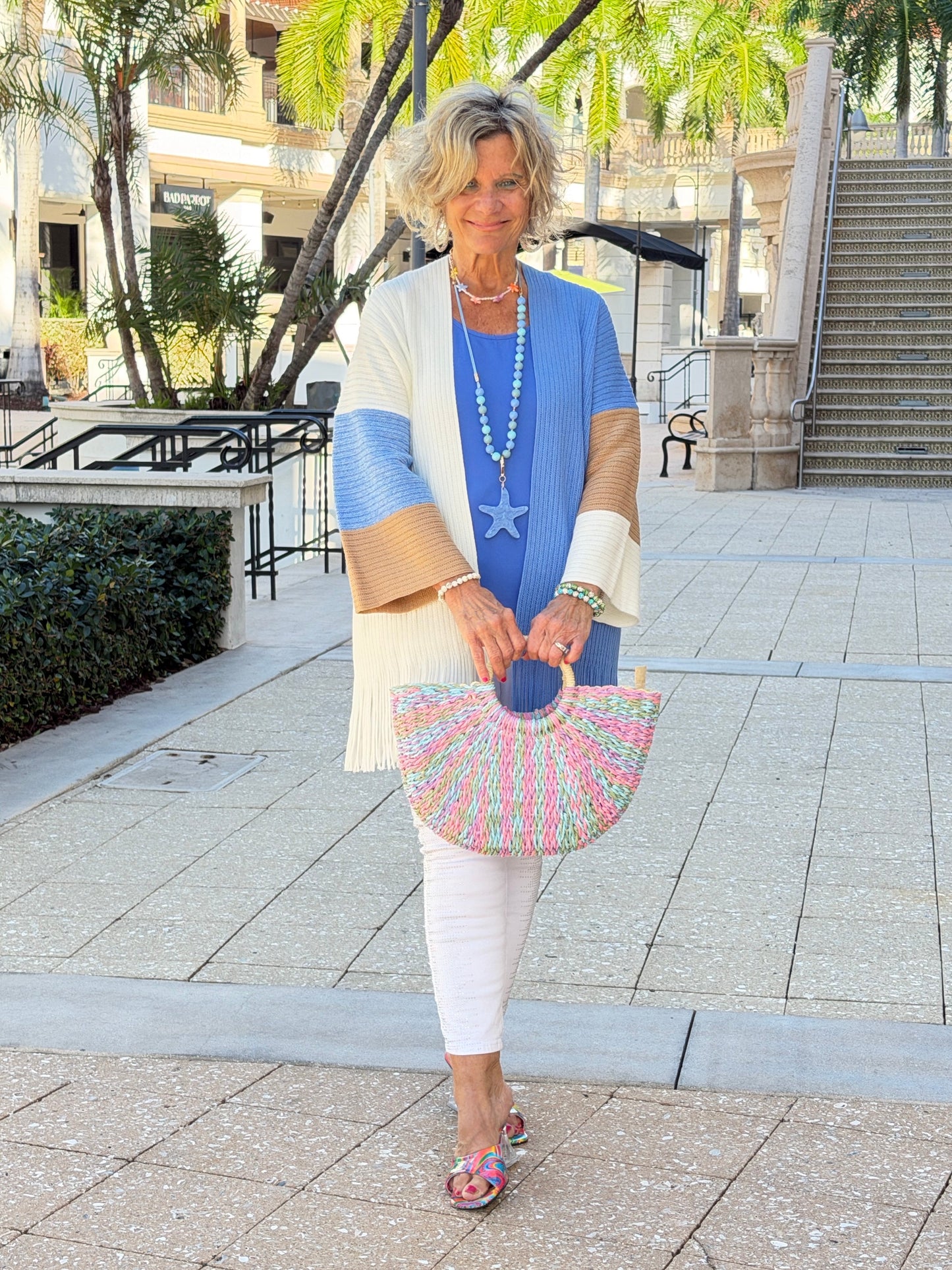 Faux Straw Multi Color Round Handle Tote Bag
