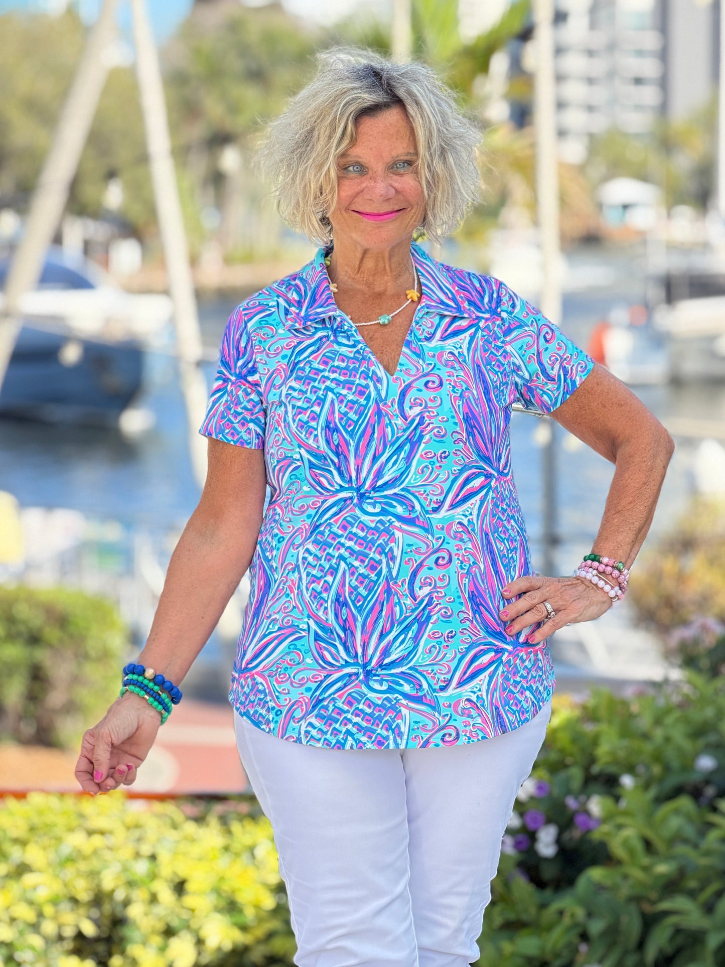 LULU B PALM ROYALE SHORT SLEEVE COLLAR TOP