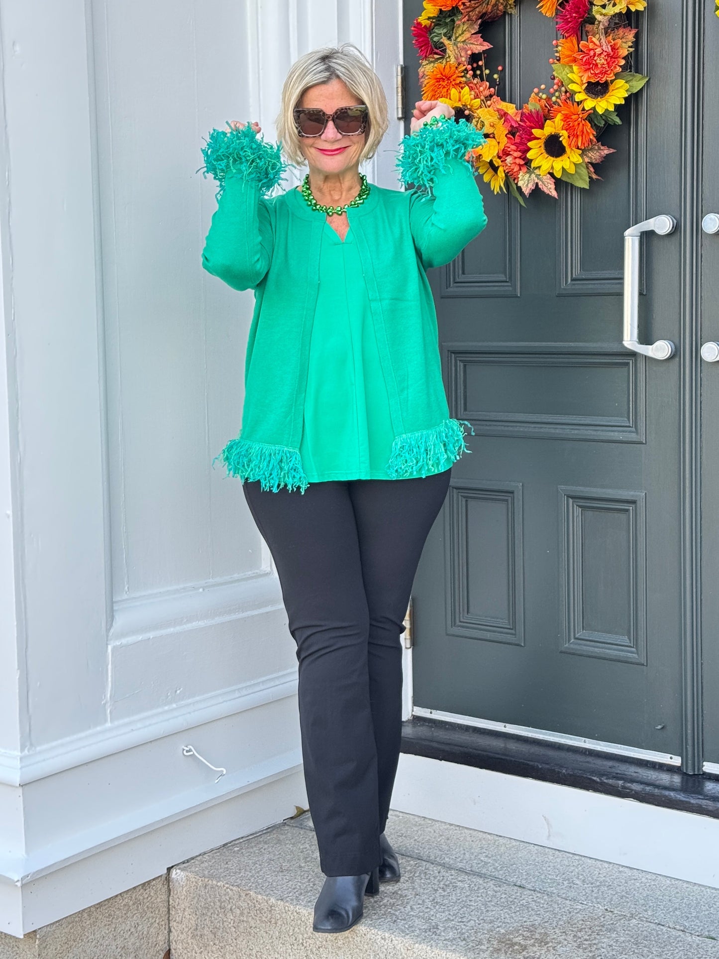 LULU-B EMERALD CASHMERE FRINGE FANCY CARDIGAN
