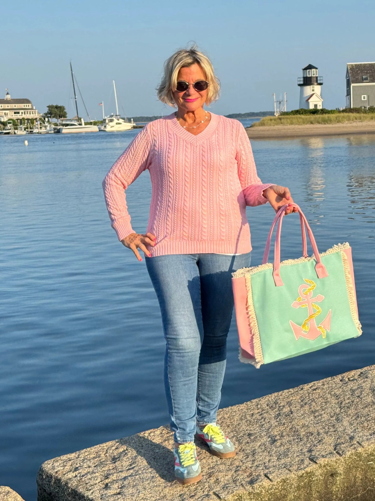 Cable-Knit Cotton PINK V-Neck Sweater