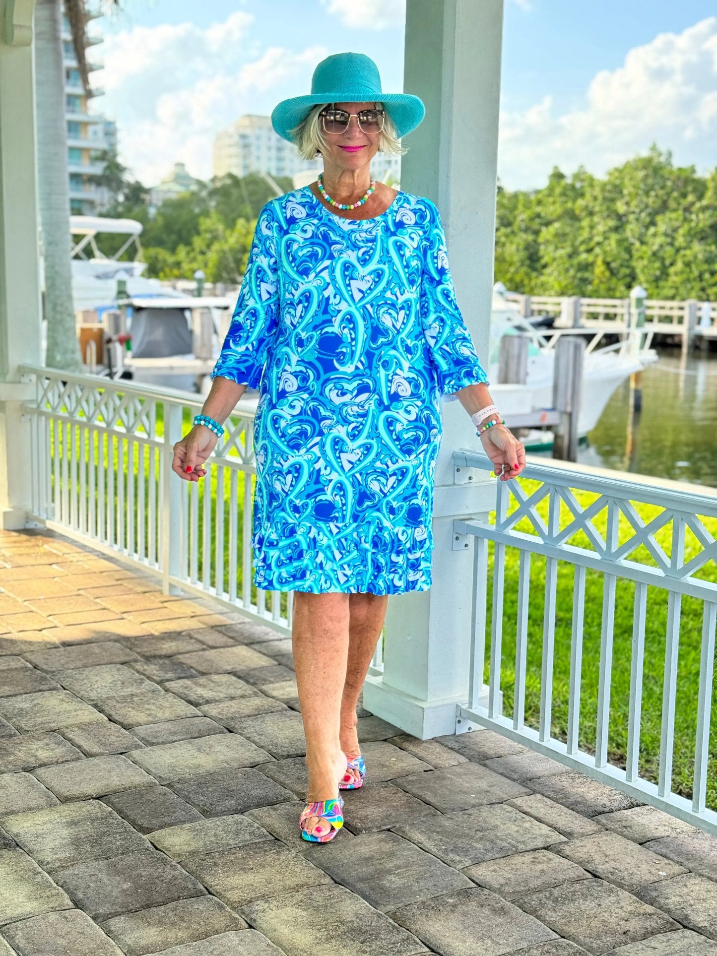 BLUE DREAMING HEARTS RUFFLE SLEEVE DRESS