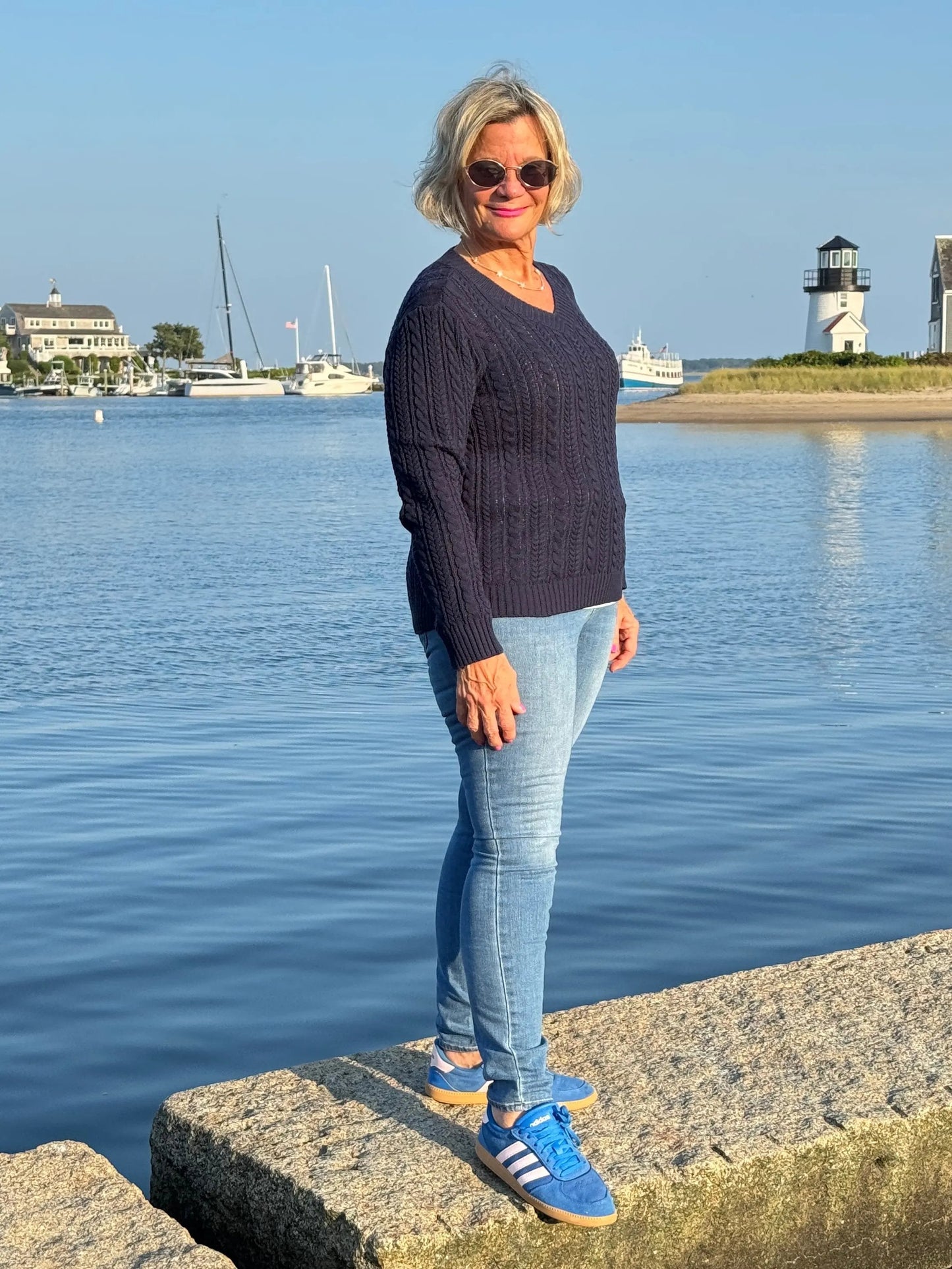 LULU-B NAVY CABLE V NECK SWEATER