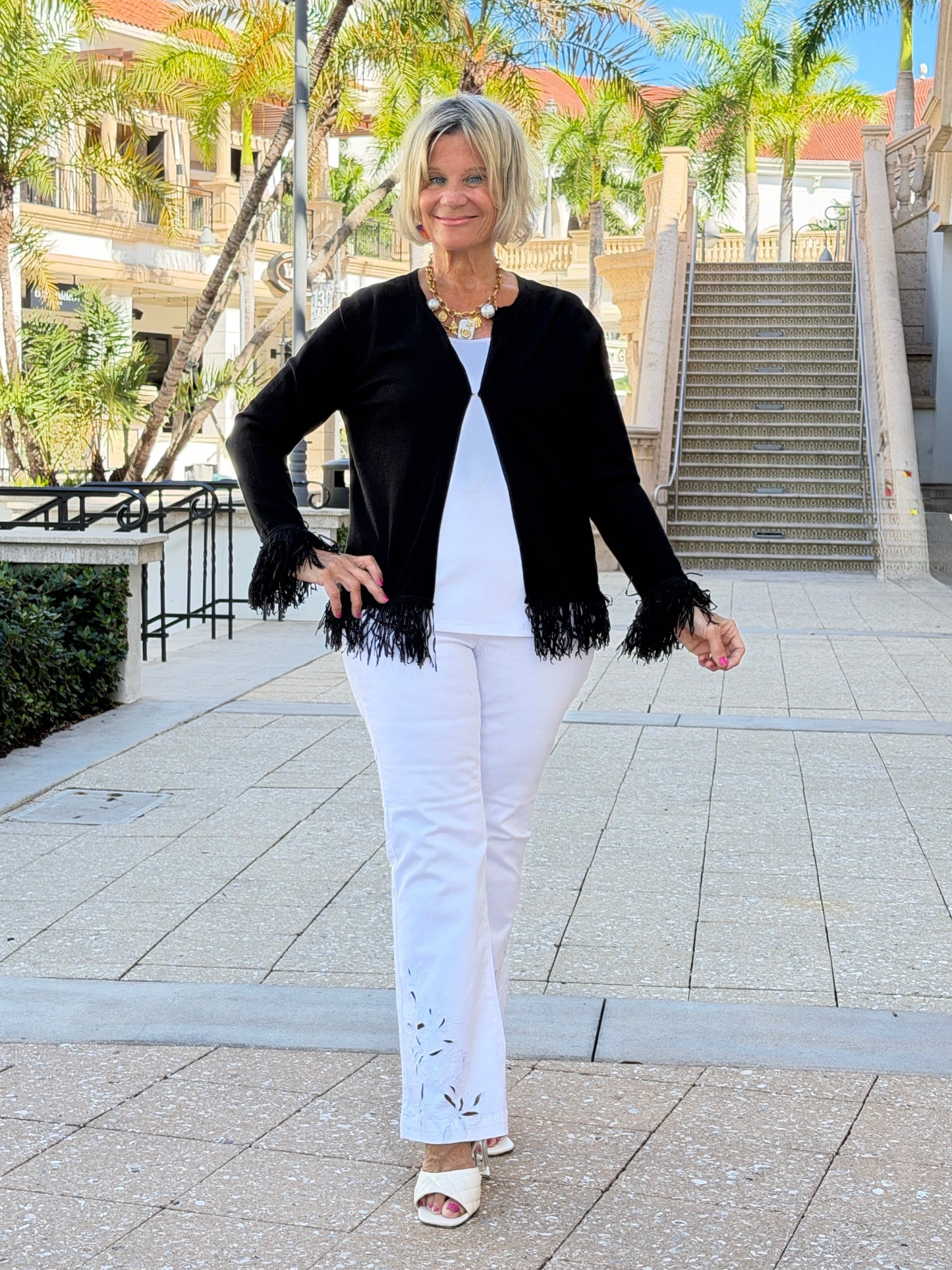 LULU-B BLACK CASHMERE FRINGE FANCY CARDIGAN