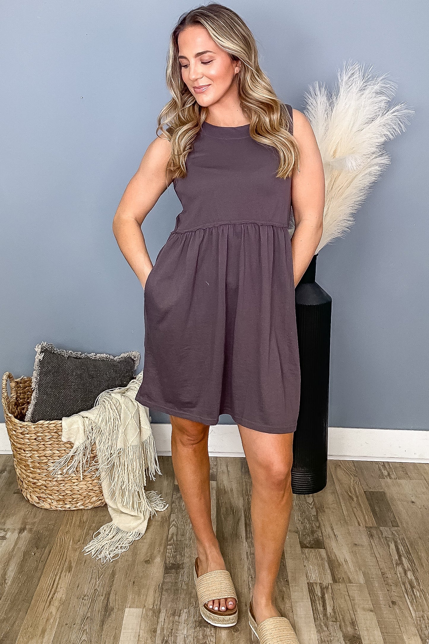 Charcoal Gauze Sleeveless Dress With Pockets