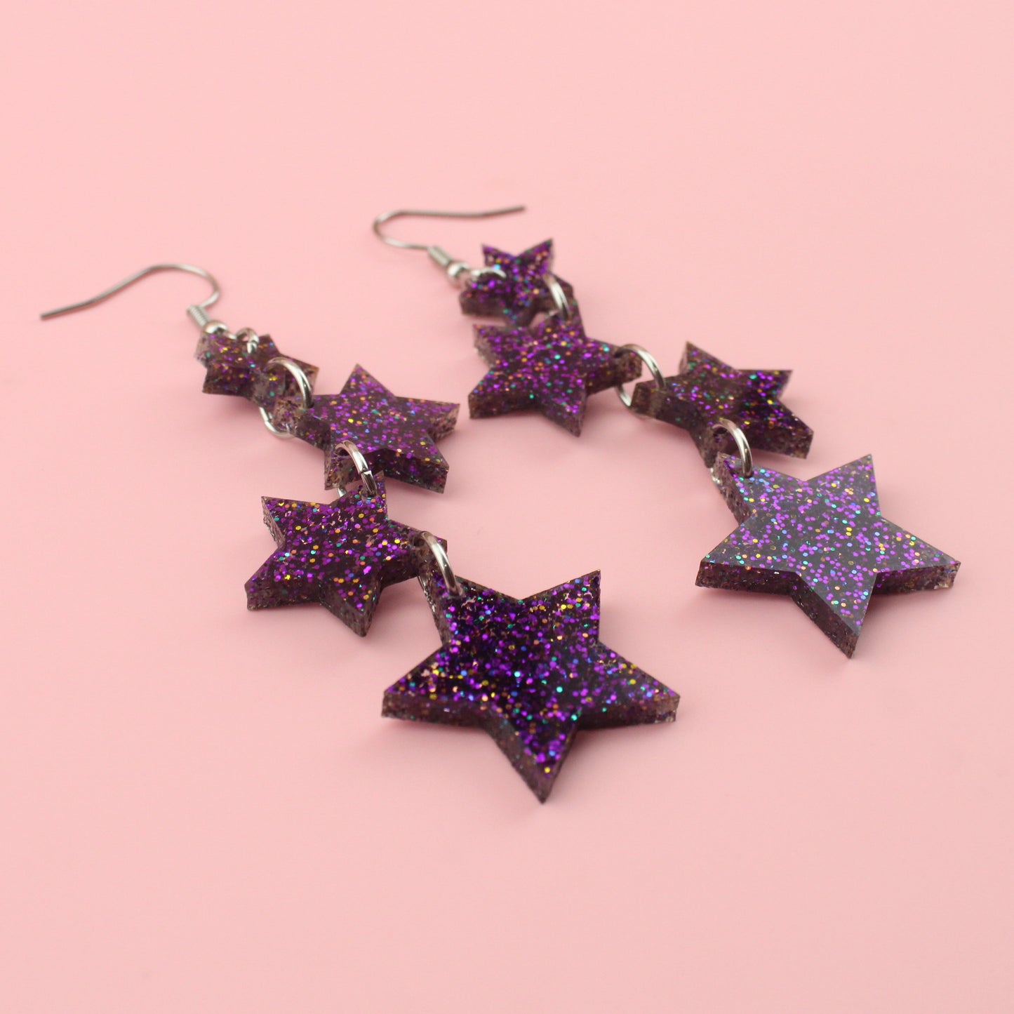 Purple Glitter Cascading Star Drop Earrings