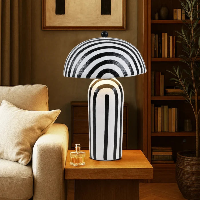 Black & White Striped Paper Mache Table Lamp – 19" x 12"