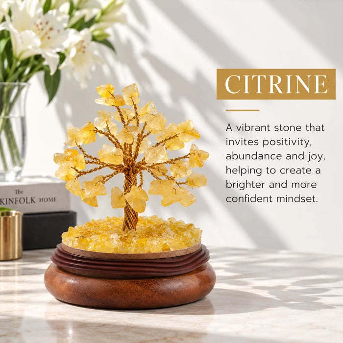 Citrine Stone Tree Decorative Cloche | Natural Stone & Wood