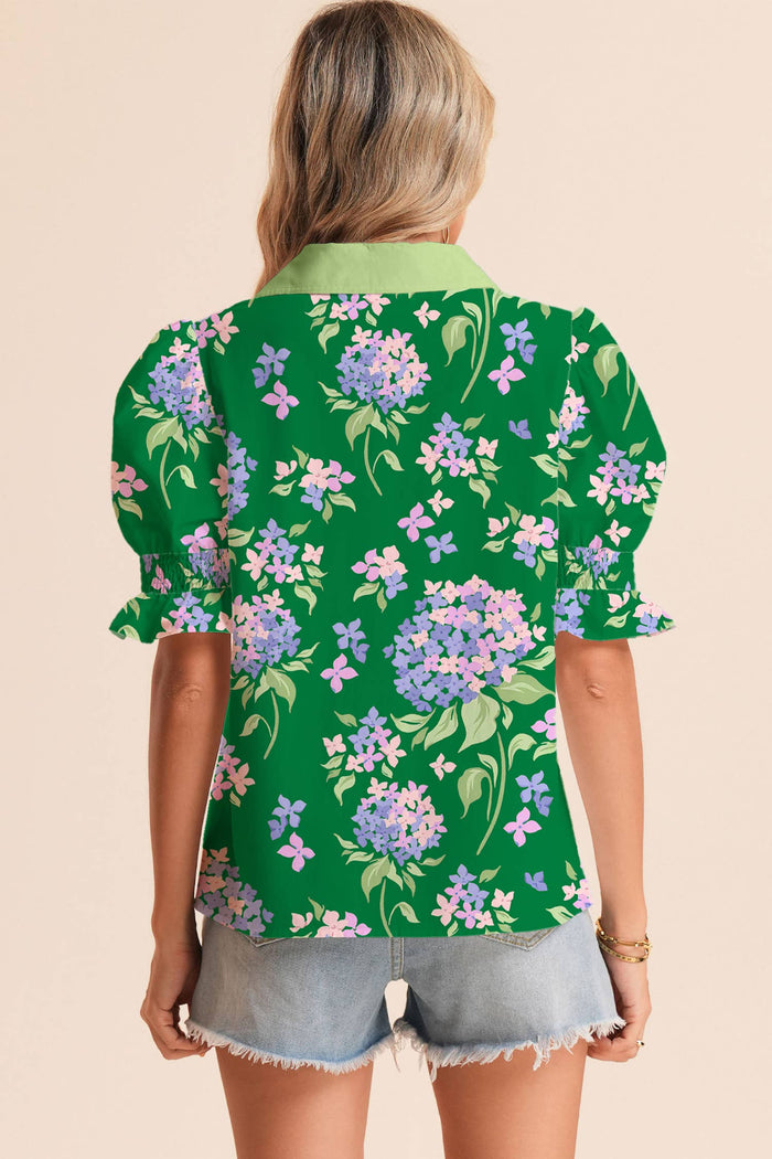 Collared V Neck Ruffled Short Sleeve Green Hydrangea Toip
