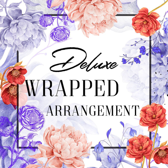 Floral arrangement with 'Deluxe Wrapped Arrangement' text