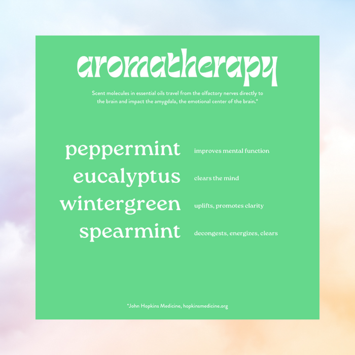 Roll-on Remedy: - Help ease congestion - Help improve skin tone - Help rejuvenate the skin - Help diminish dark spots Breathe in to: - Clear - Energize - Decongest - Improve mental function Key ingredients: - Peppermint - Eucalyptus - Wintergreen - Spearmint