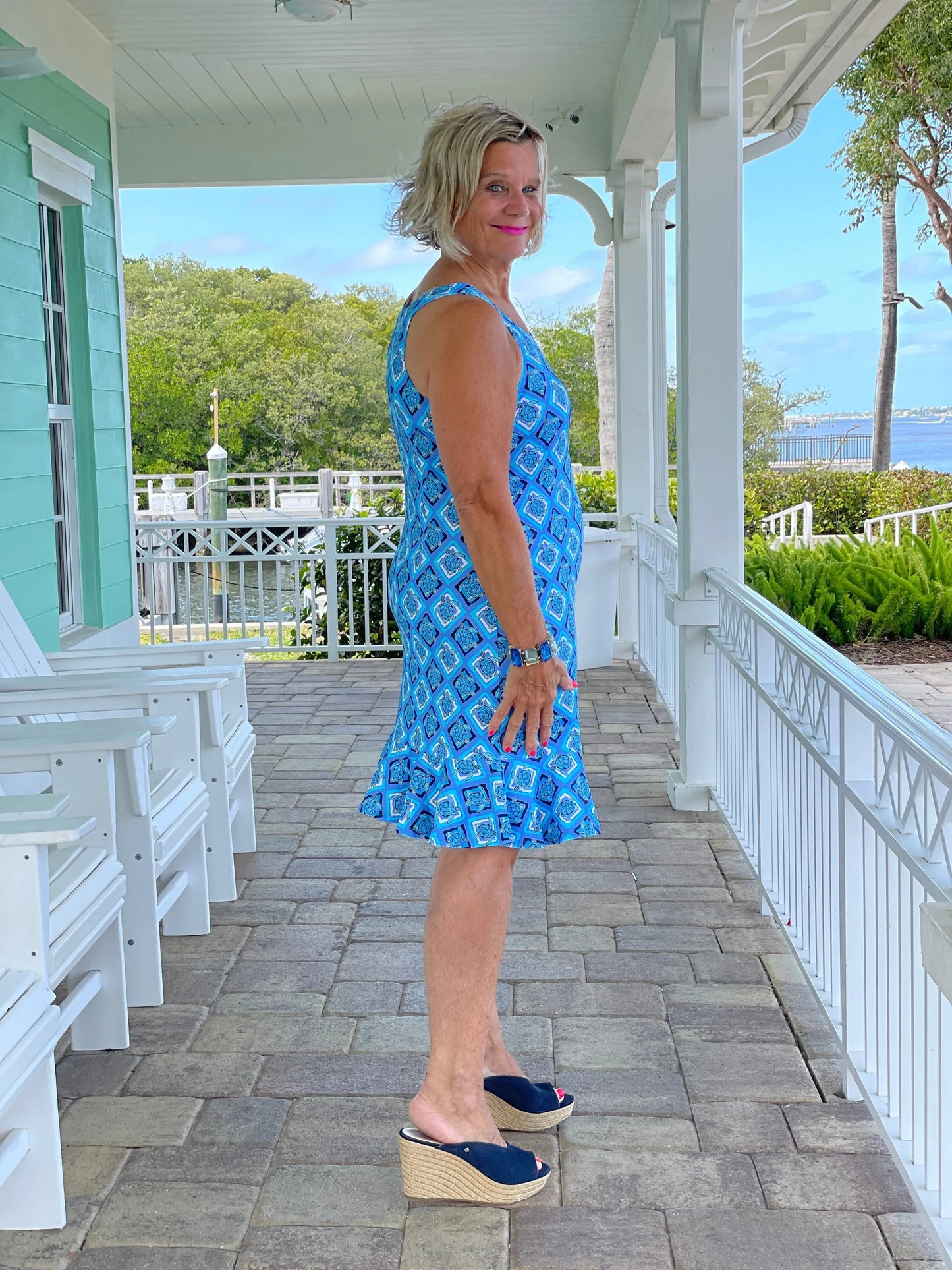 BAHAMA BLUE TURTLE HALTER RUFFLE DRESS