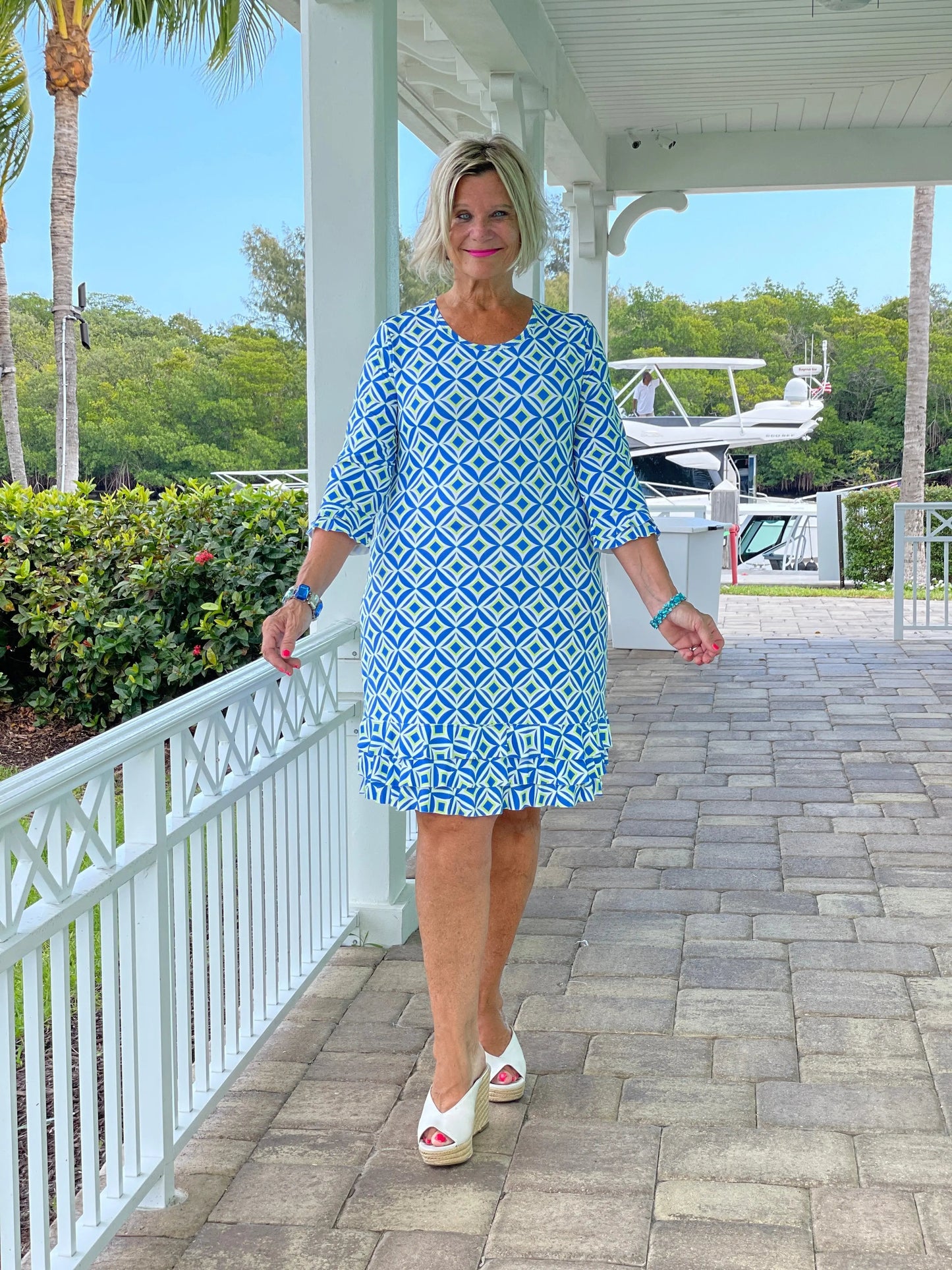 AQUA DIAMOND RUFFLE SLEEVE DRESS