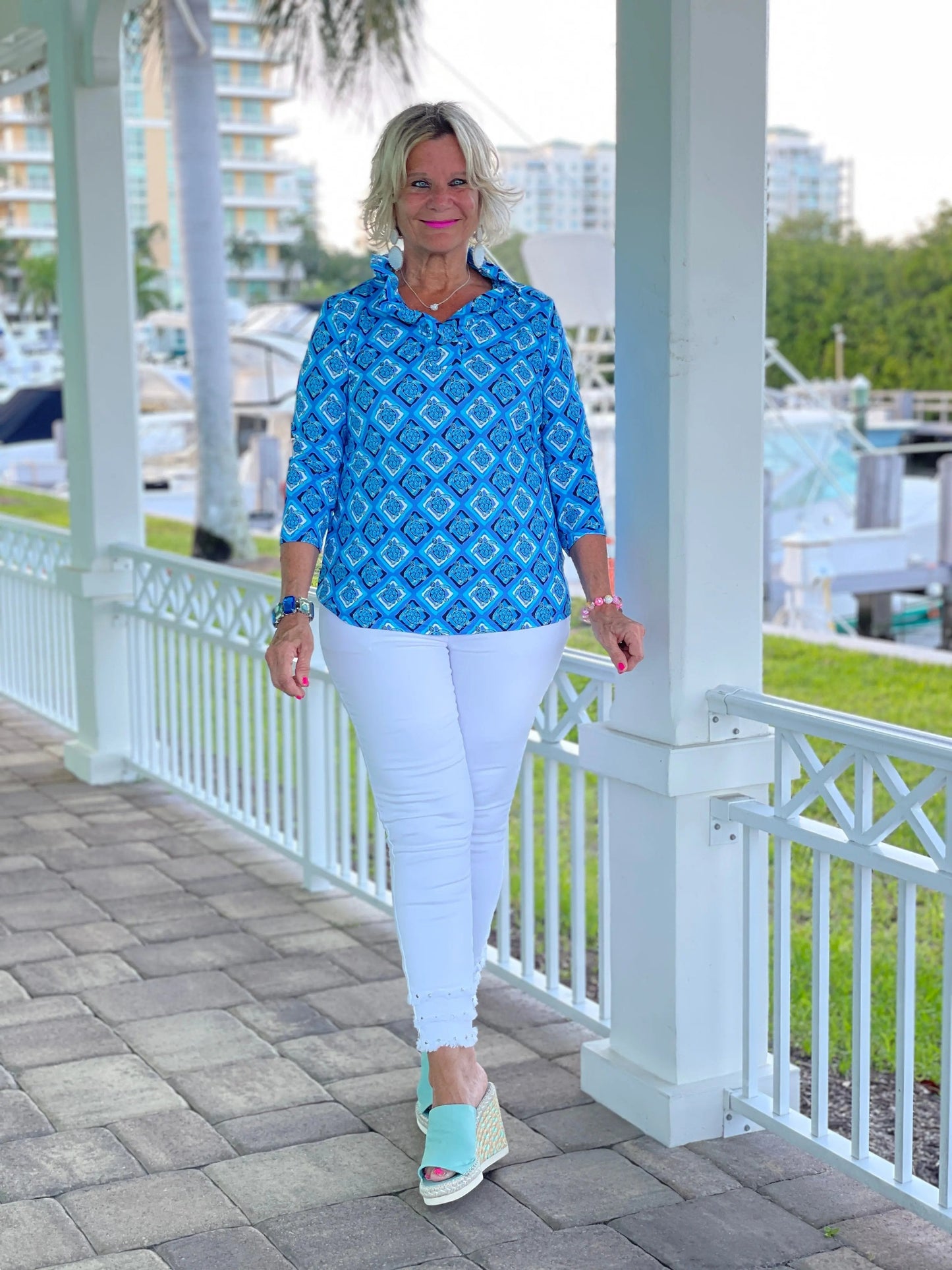BAHAMA BLUE RUFFLE TOP