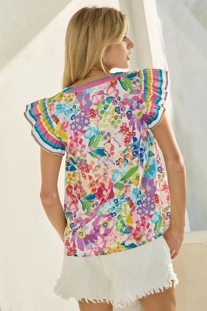 Multicolor Floral Flutter Sleeve Top IT17805