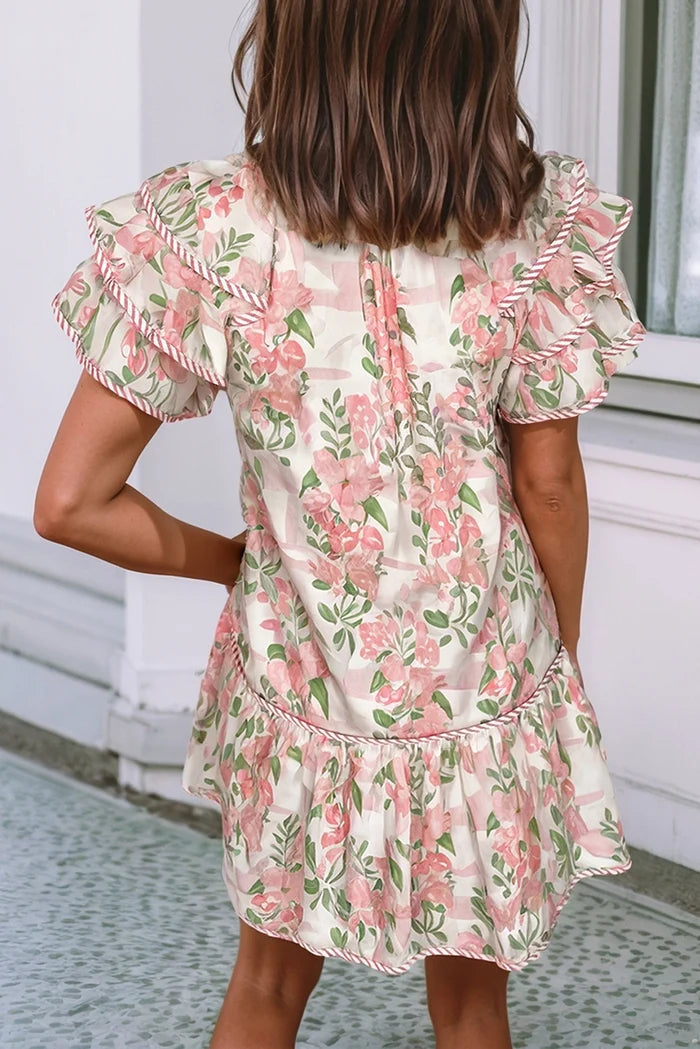 Pink Floral Contrast Edge Layered Short Sleeve Mini Dress 124822