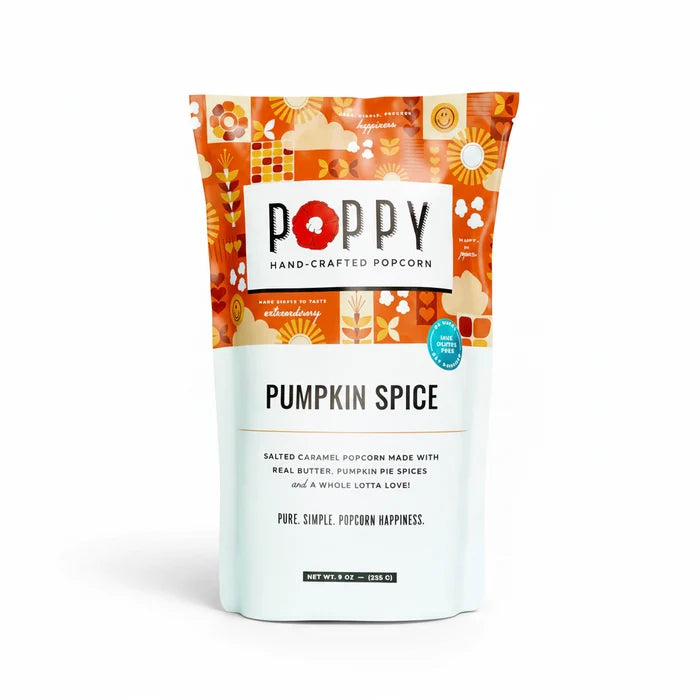 Poppy Hand-Crafted Popcorn | Fall Pumpkin Spice Popcorn | an orange and white seasonal bag.