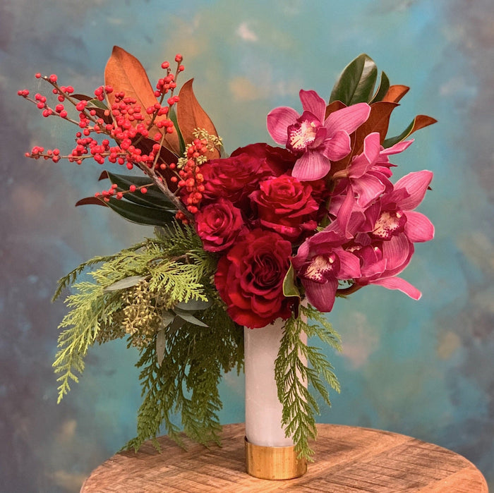 half dozen Roses and orchids glass vase