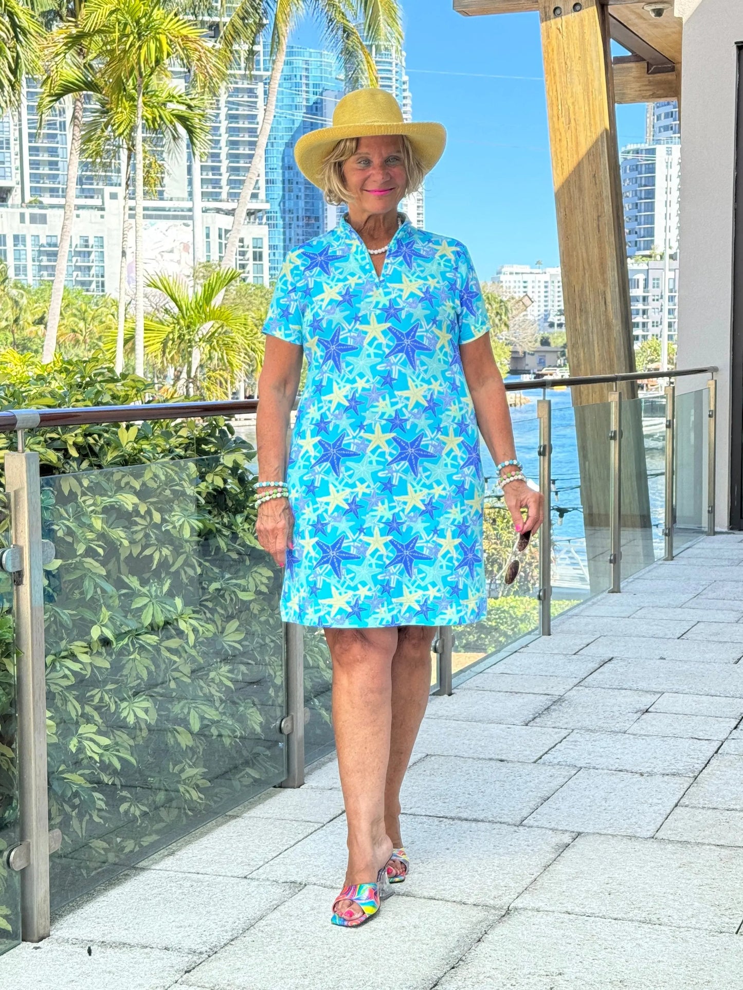 LULU B STARFISH SPLASH HALF ZIPPER SHORT SLEEVE DRESS