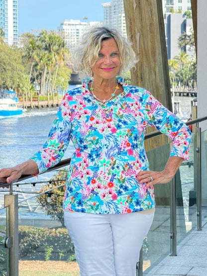 LULU B PARADISE GARDEN RUFFLE SLEEVE TOP